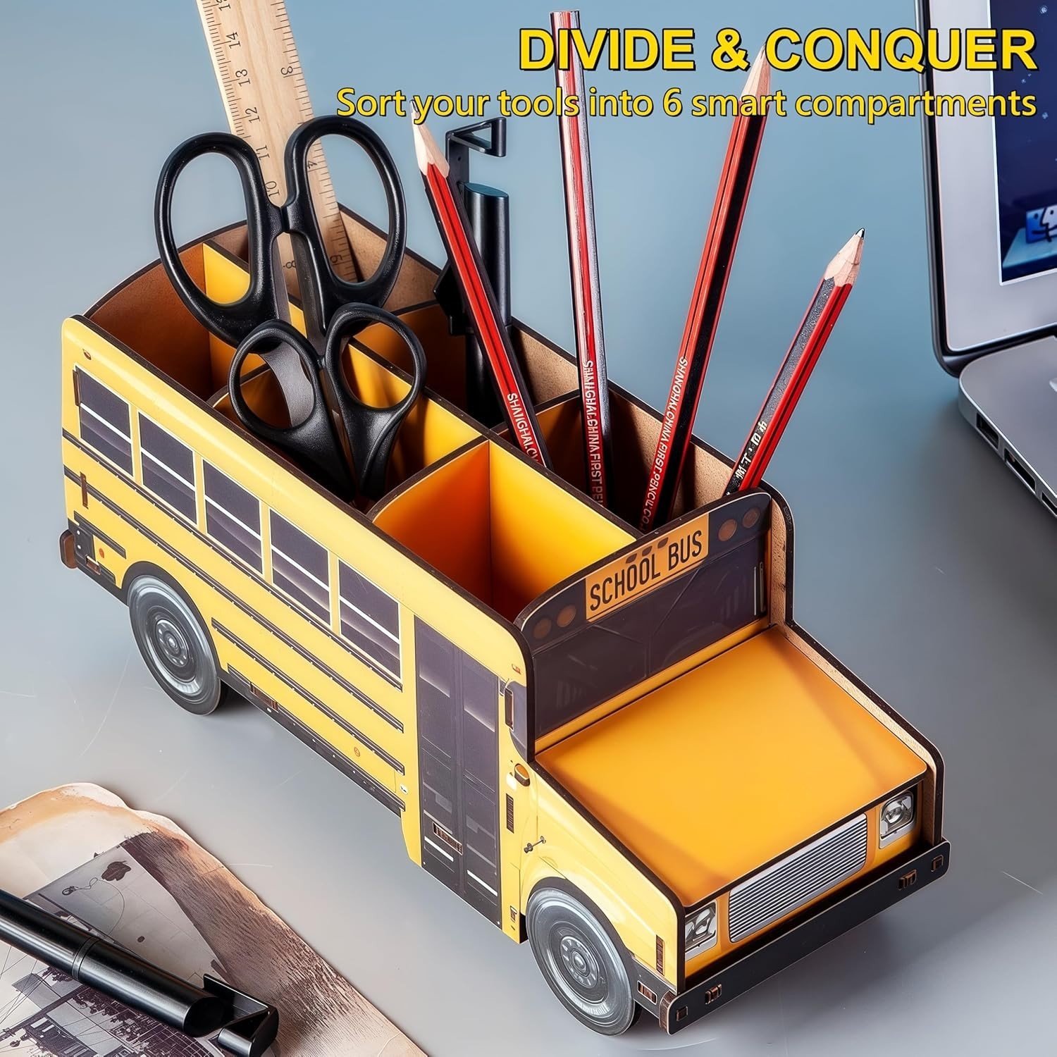 Cute Wooden School Bus Desk Decor & Pencil Holder – Retro Yellow Vehicle ….