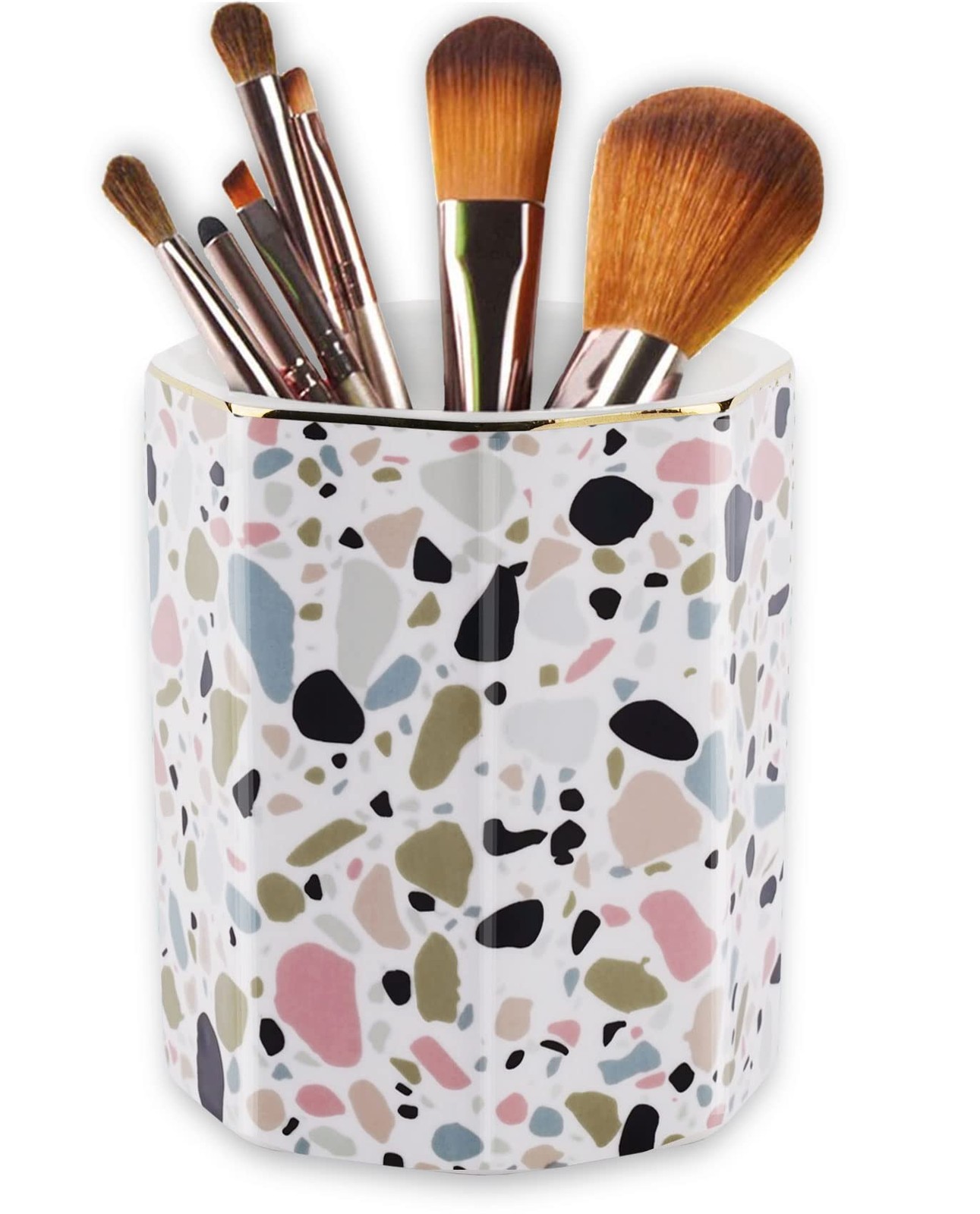 Pen Holder, Makeup Brush Holder Ceramic Shiny Gold Terrazzo Marble Stone Patt