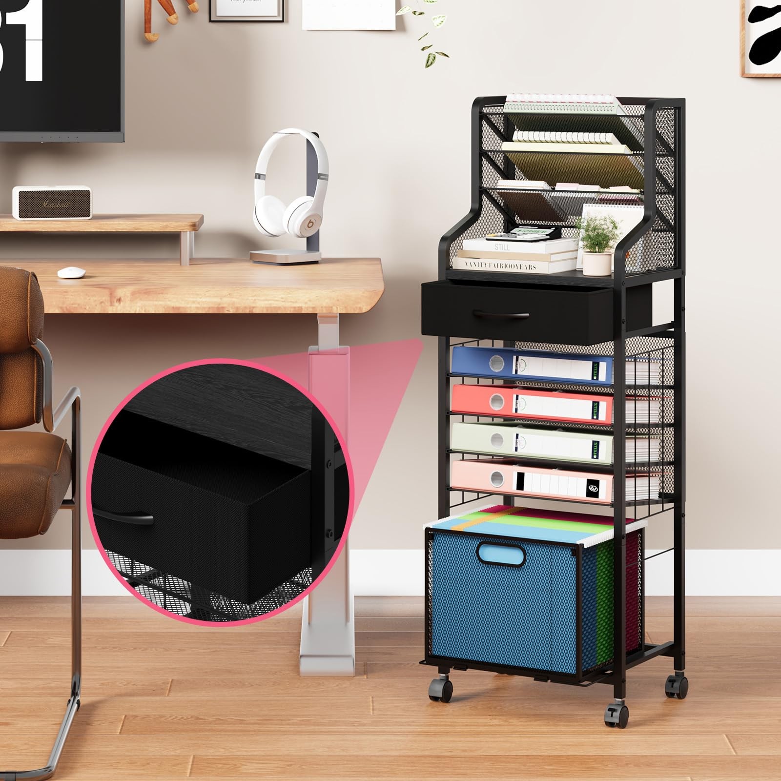 10-Tier Rolling File Cart – Mesh Paper Organizer with Drawer and Hanging File…