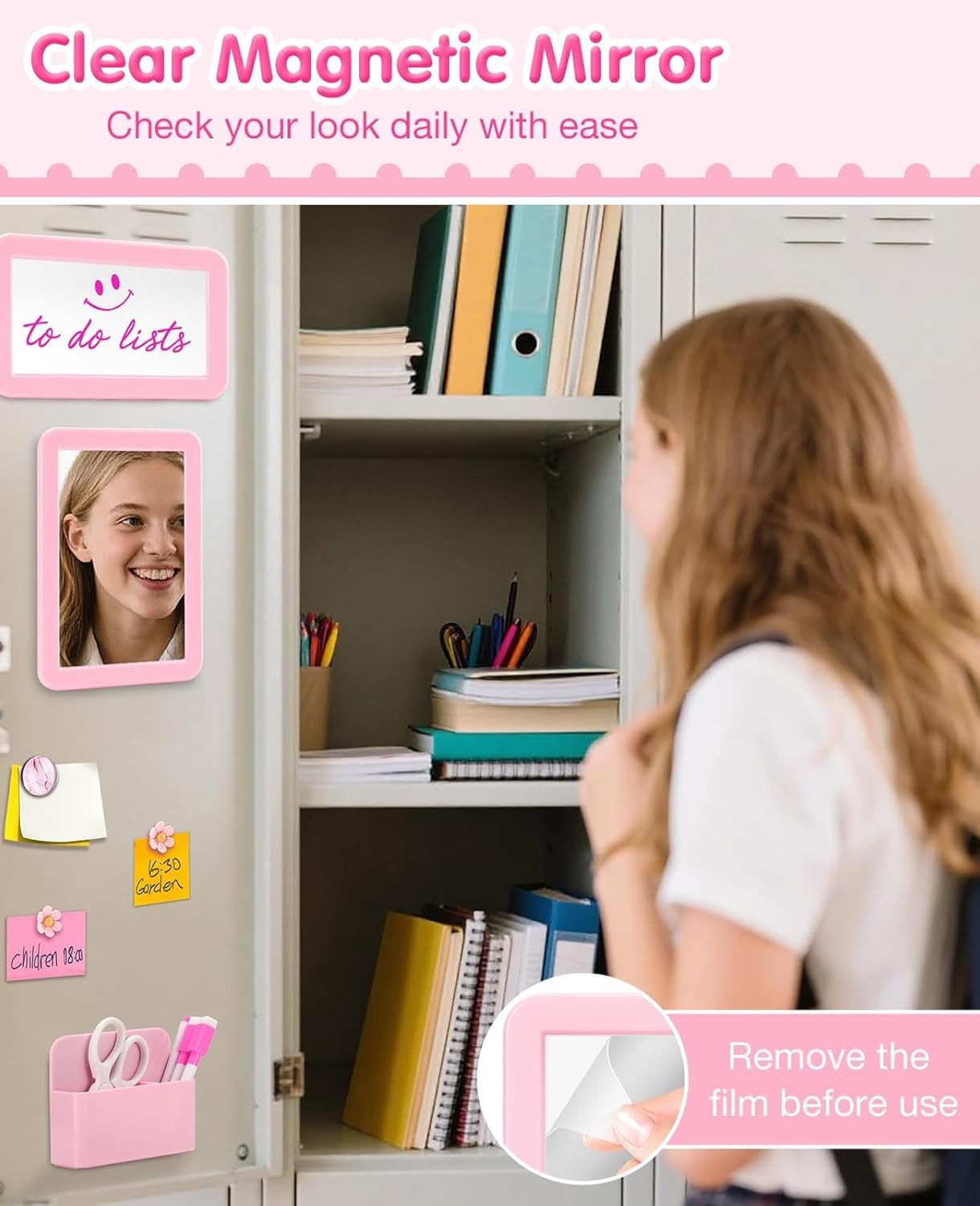 Pink Locker Accessories for Girls with Magnetic whiteboard, Locker Mirror and…