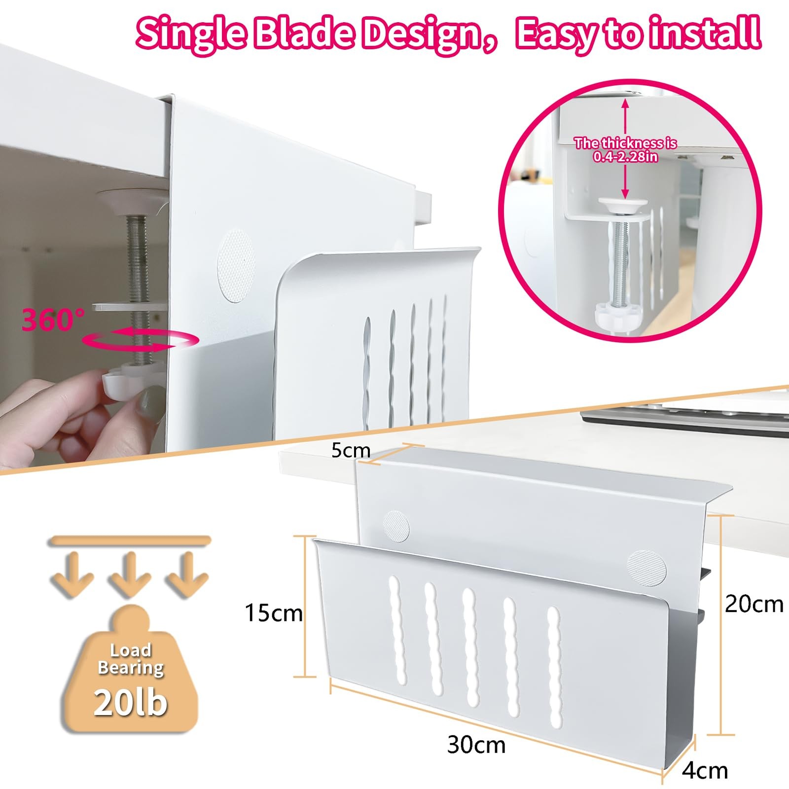 Xapypy Desk Side Storage, Under No Drill Steel Hanging white