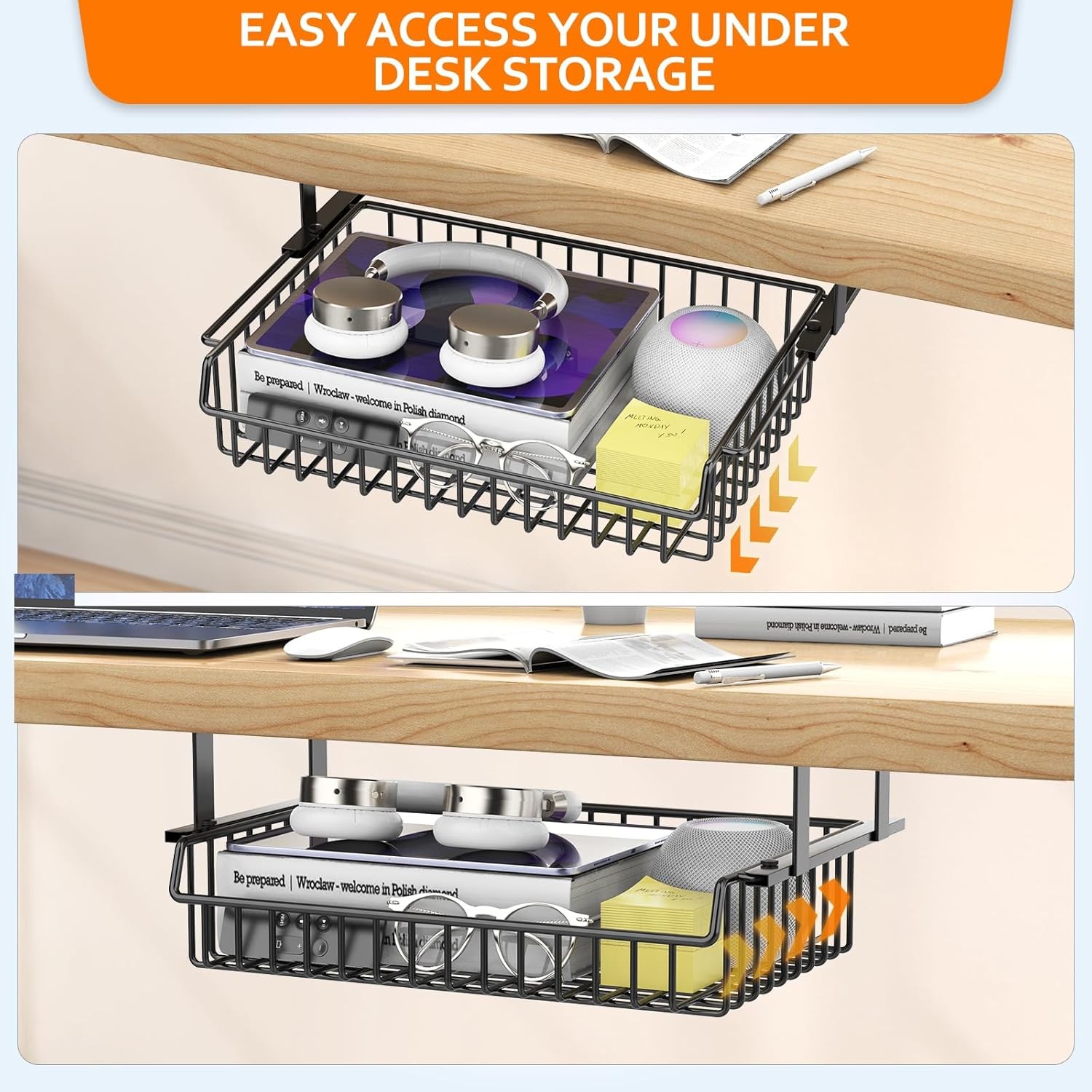 Slide Out Under Desk Drawer Metal Storage Organizer