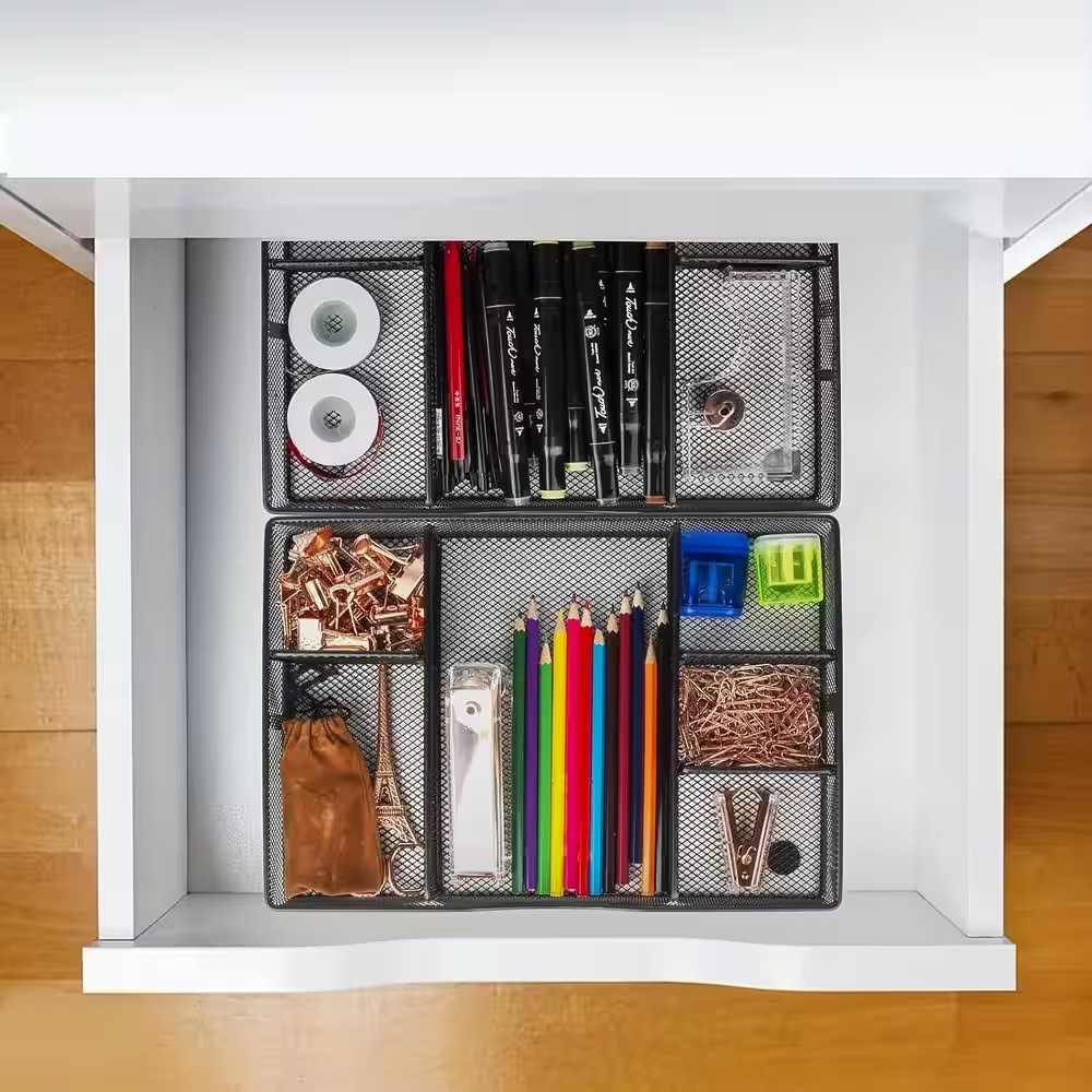 Black 12.87 In. X 8.73 In. Coated Metal Mesh Adjustable Desk Drawer Organizer Tr