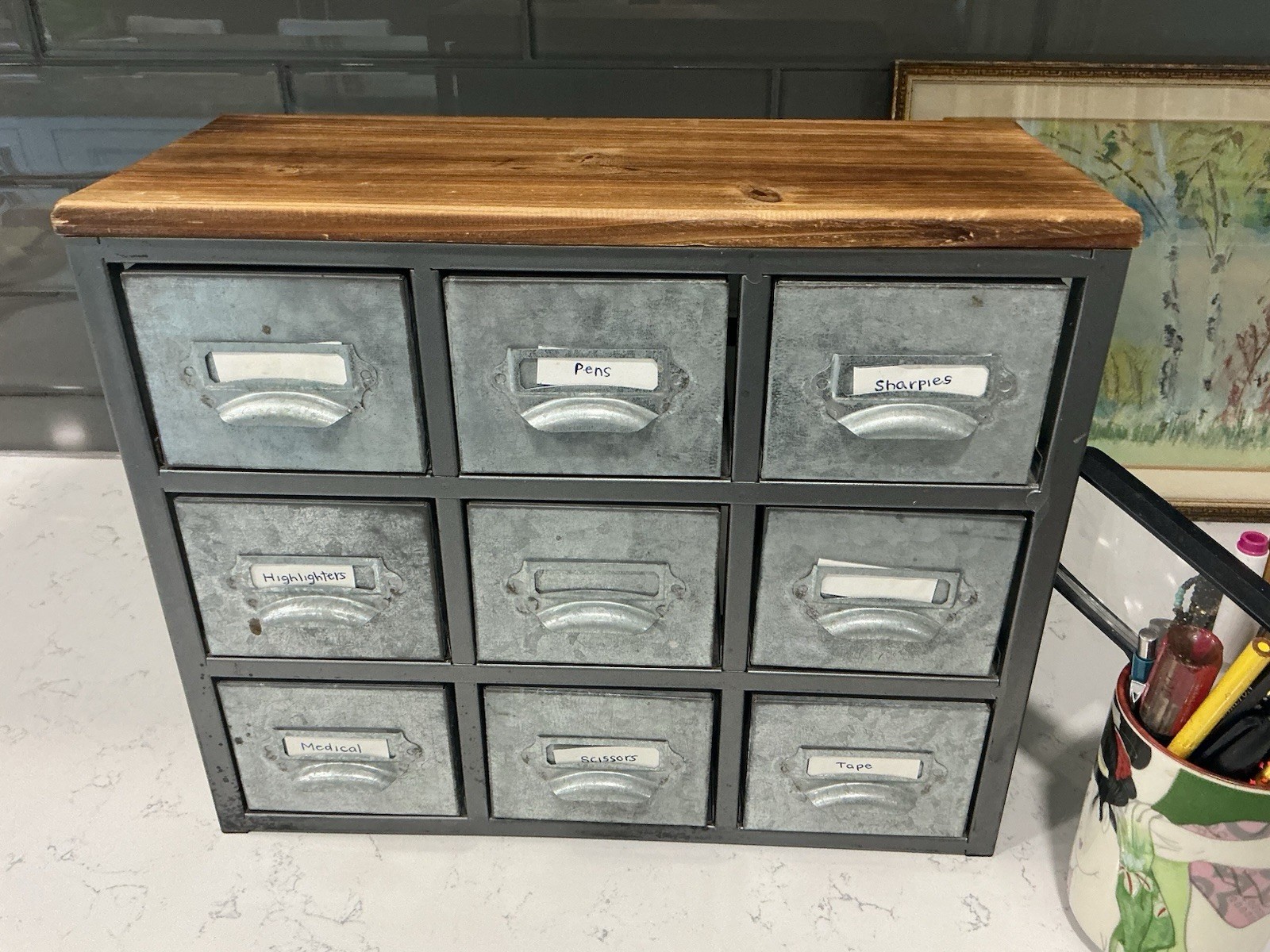 Cheung’s Desktop Galvanized 9 Drawer Vertical Organizer w/ Label Scoop Wood Top