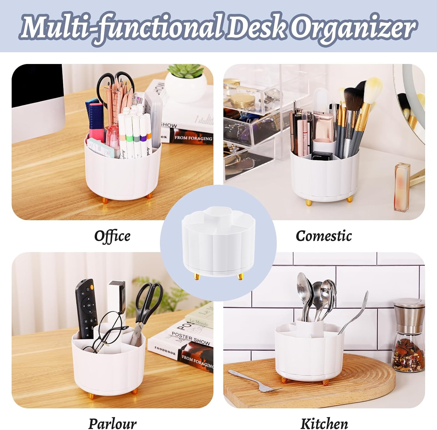360 Rotating Pencil Pen Holder for Desk, White Pen Organizer with 6 Slots, Cute