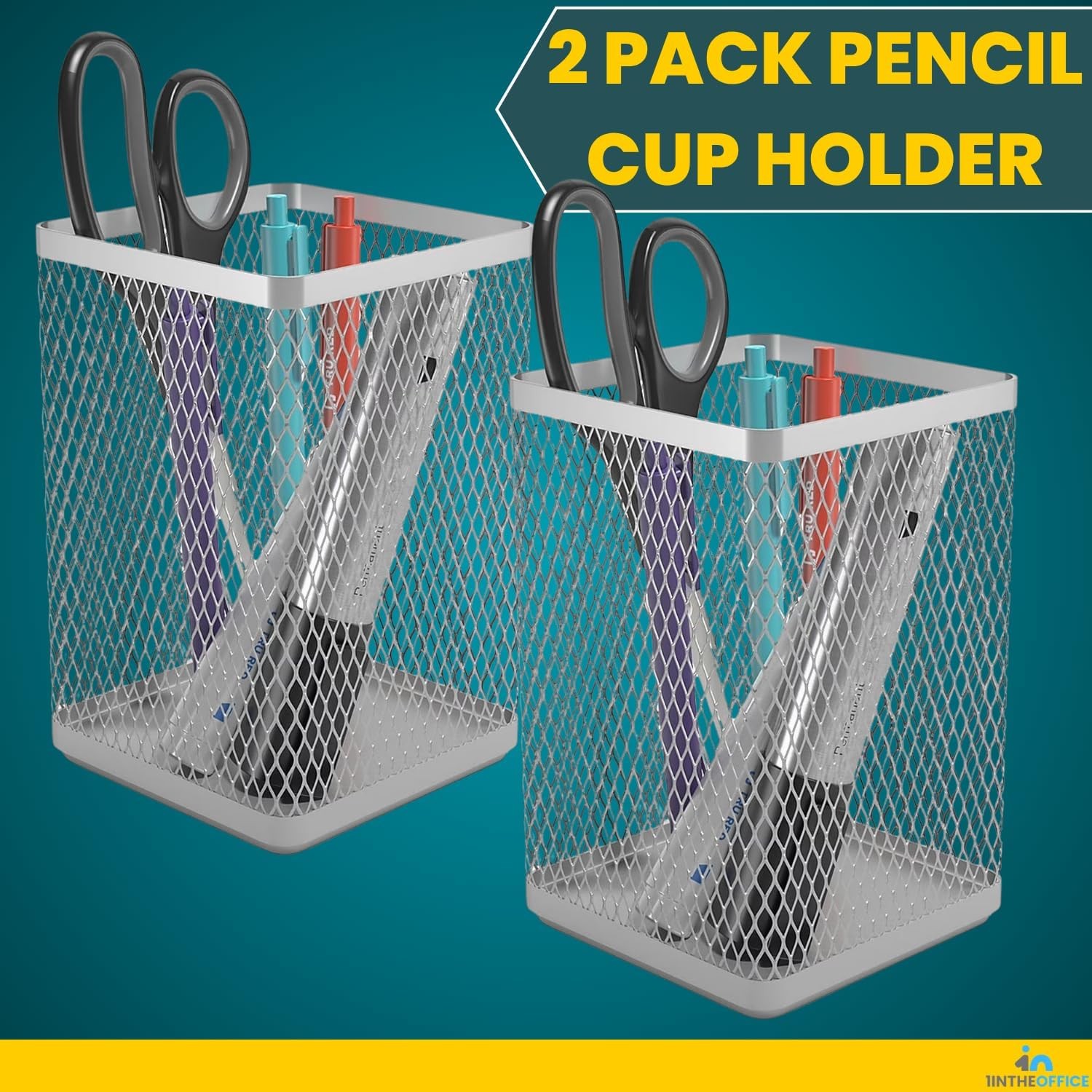 Large Pen Holder Big Tall Pencil Cup Silver Wire Mesh 2 Pack