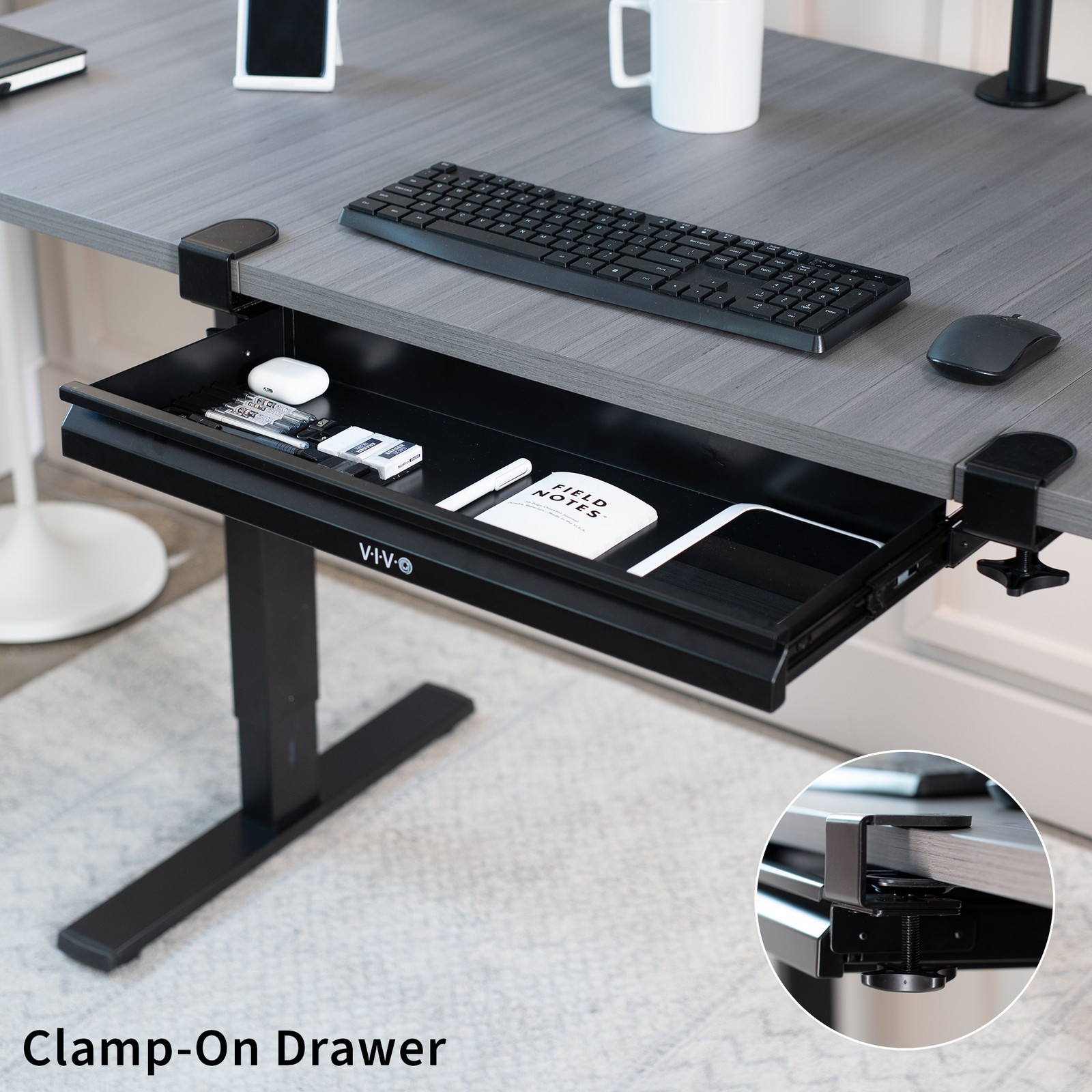 VIVO Black 22″ Shallow Clamp-on Pull Out Storage Drawer Desk Organizer