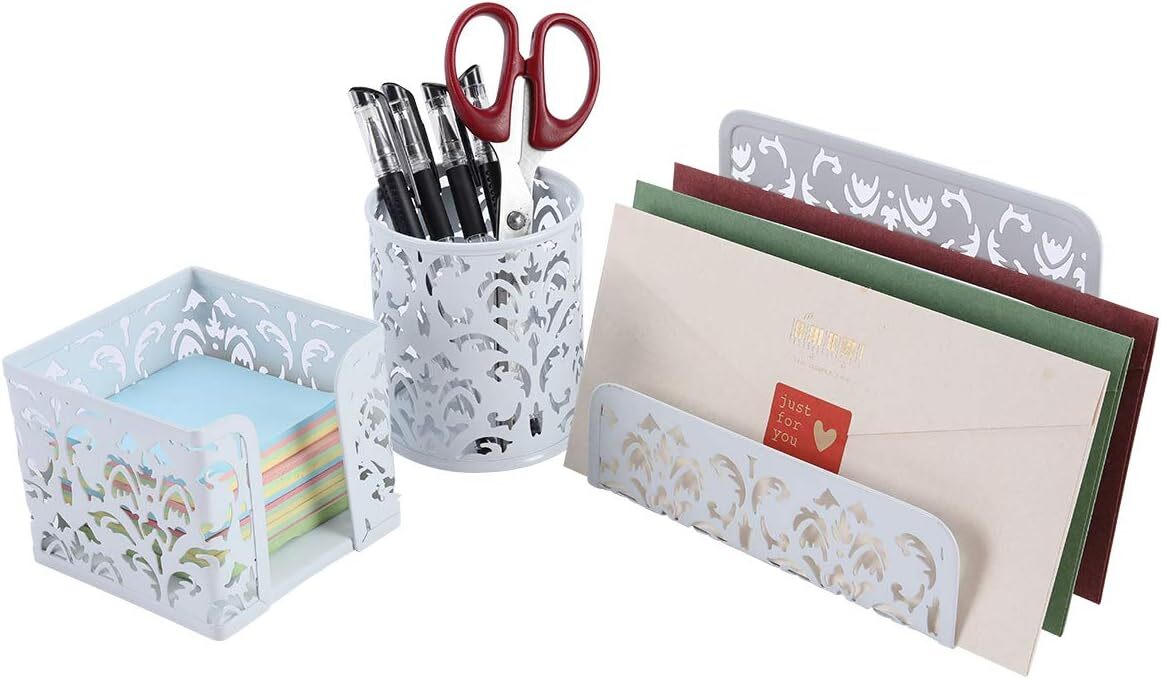EasyPAG Carved Hollow Flower Pattern 3 in 1 Desk Organizer Set – Letter Sorter,