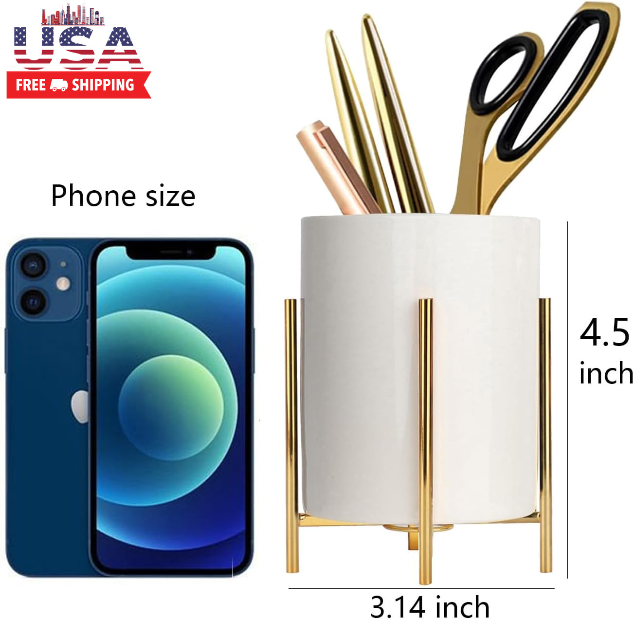 Gold Pencil Cup Sturdy Metal Frame with White Ceramic Pen Holder for Desks and K