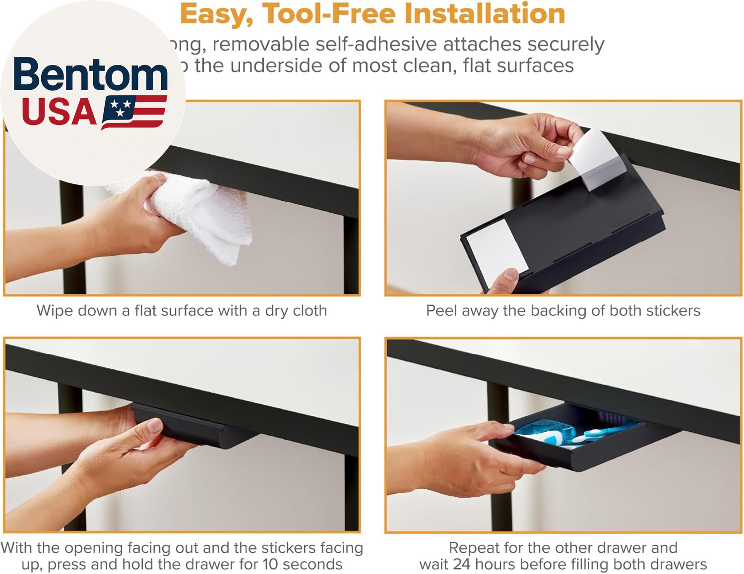 Konnect under Desk Drawer, Self-Adhesive Slide Out Storage Organizer with 4 Cust