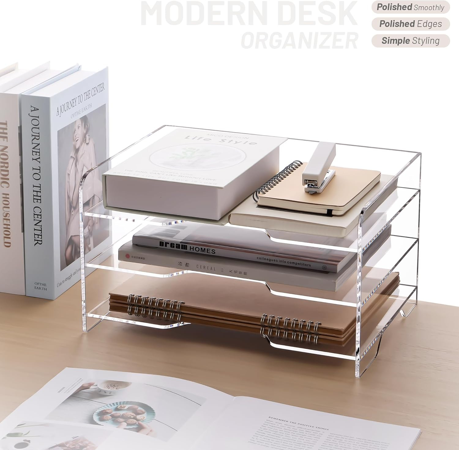 Clear 3-Tier Acrylic Letter Tray Organizer with Handle for Office Files