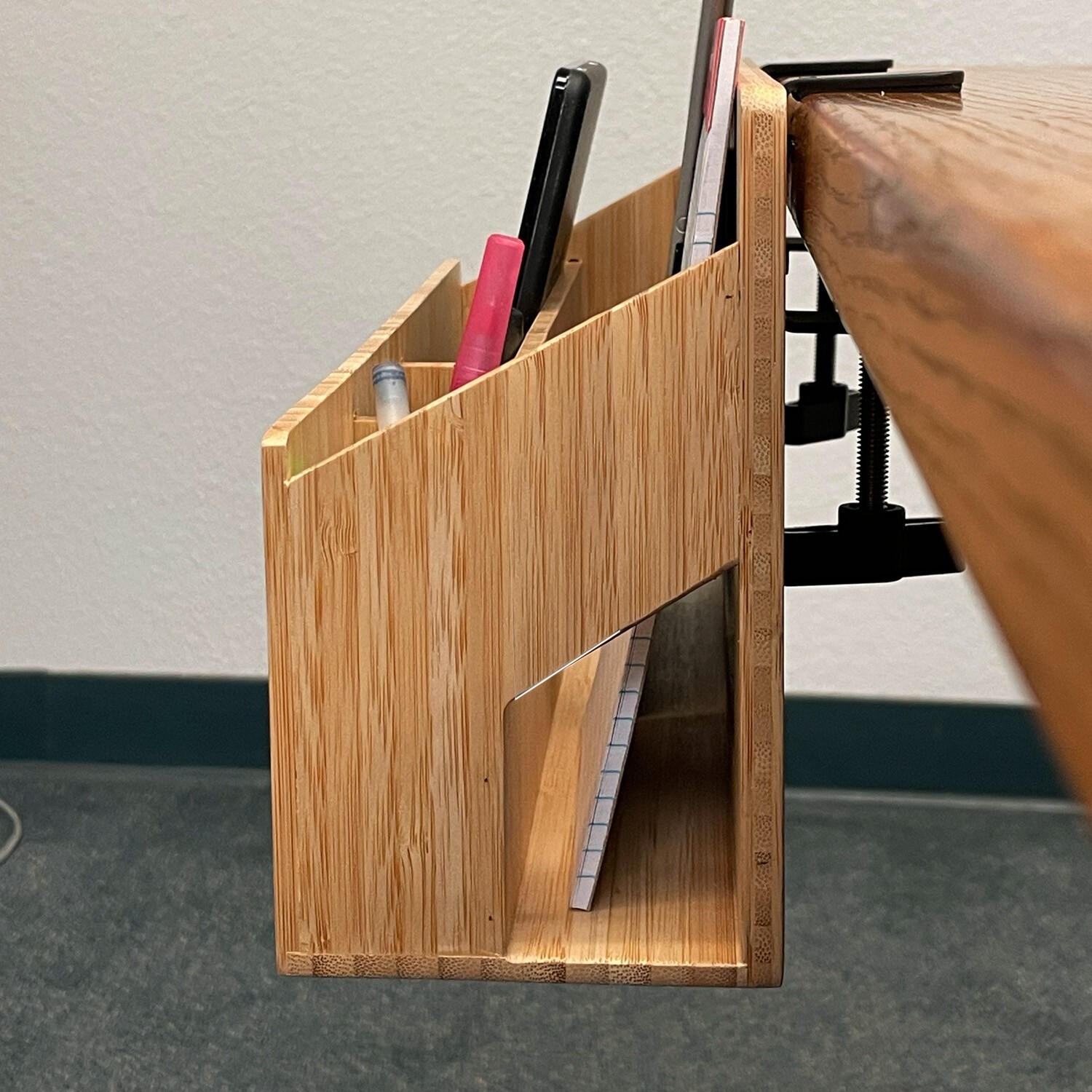 MobileVision Bamboo Side Desk or Table Organizer with C-Clamp Mount on Rear For