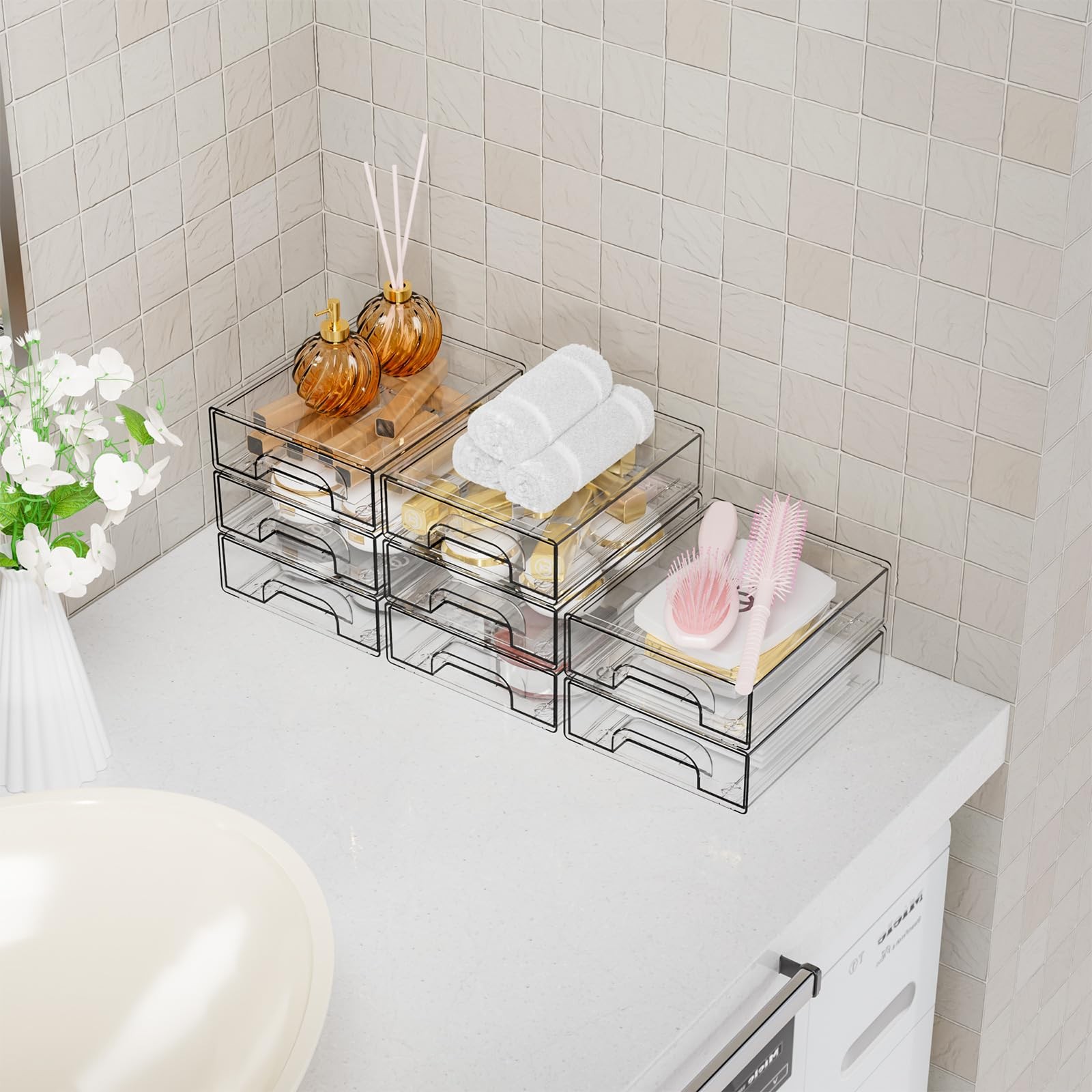 2.2” Tall Acrylic Clear Stackable Storage Drawer Organizer,8 Pack Desk Organ…