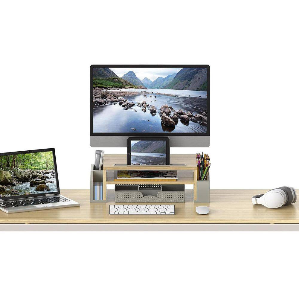 Oak 20.2 In. X 6 In. Wood Modern Desk Organizers with Adjustable Organizer Tray
