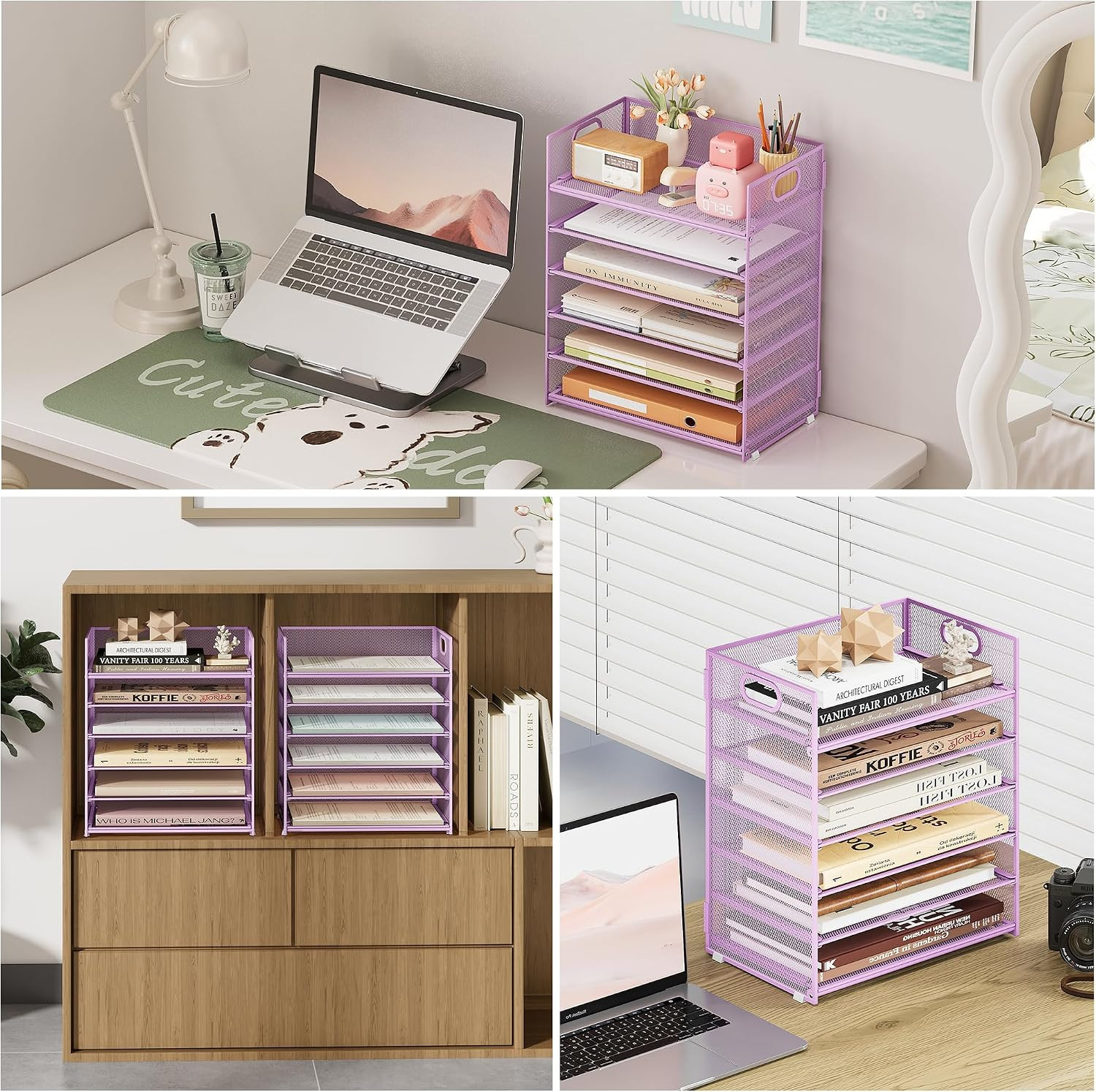 6 Tier Paper File Tray Organizer for Desk, Purple Mesh Desk Letter Paper File Fo