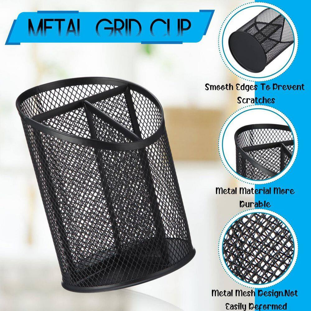 4-Pack Mesh Metal Pen Holder Black 3-Compartment round Organizer Non-Slip Deskto