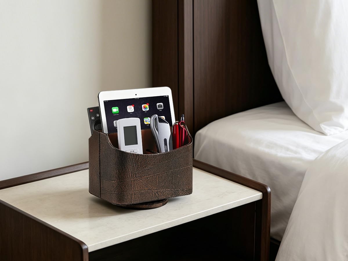 PU Leather Remote Control Holder, 360 Degree Rotating Desk Organizer Luxury D…
