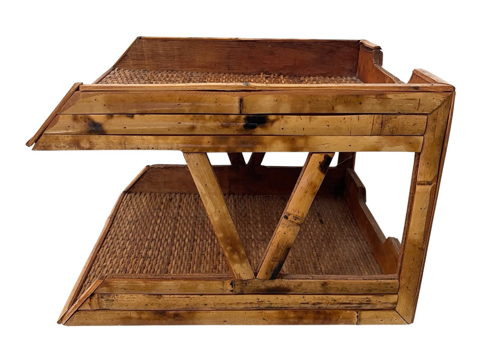 Vintage Burnished Bamboo Woven Rattan 2 Tiered Desk Organizer. Boho Coastal Deco
