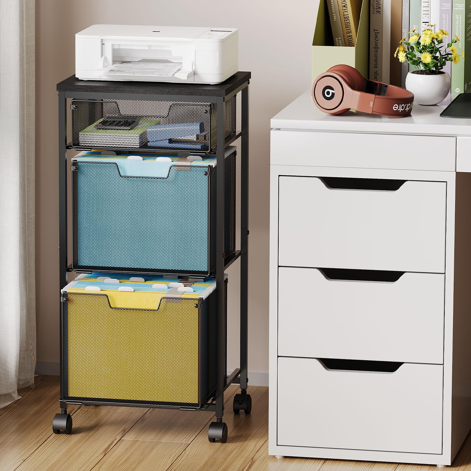 Sbanmao 3 Drawer Mobile File Cabinet for 1 Small + 2 Large Drawers, Black