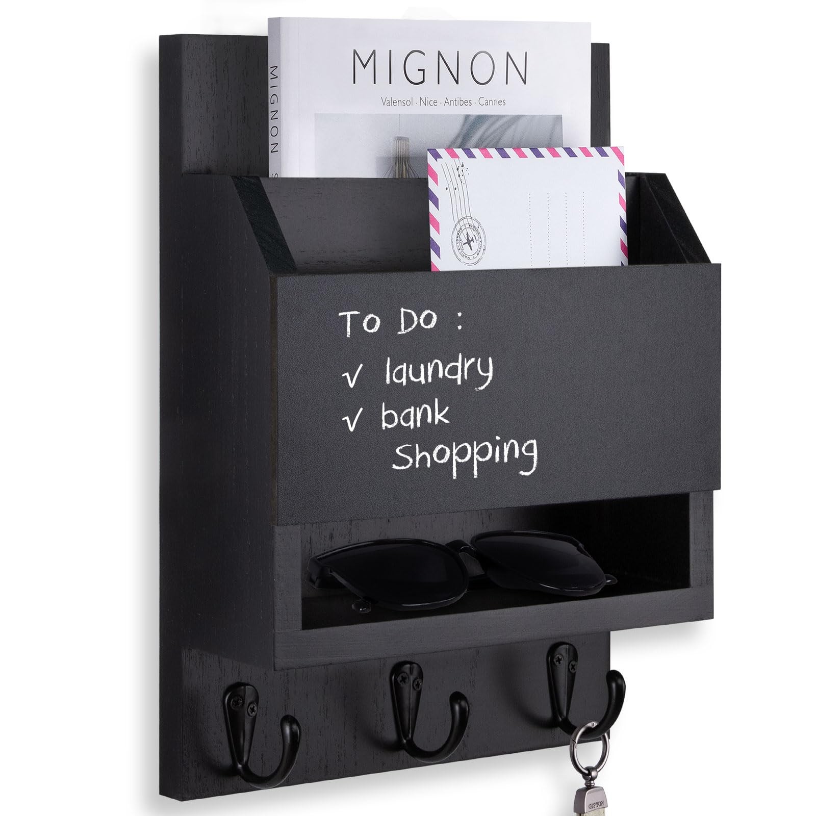 Key and Mail Holder for Wall, Key Holder with Chalkboard and Long Storage Box…