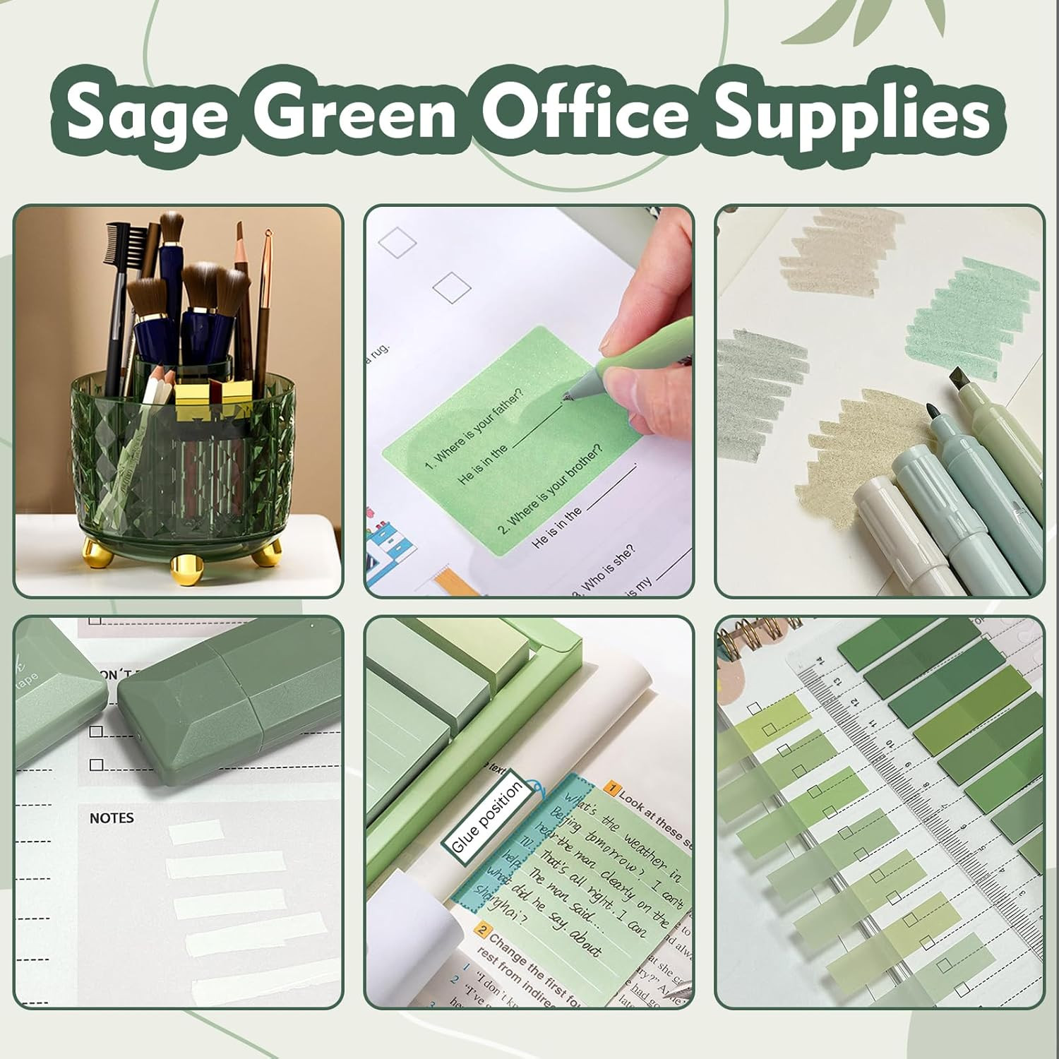 Green Desk Accessories, Sage Green Supplies, Office Stationery Set, Dark Green P