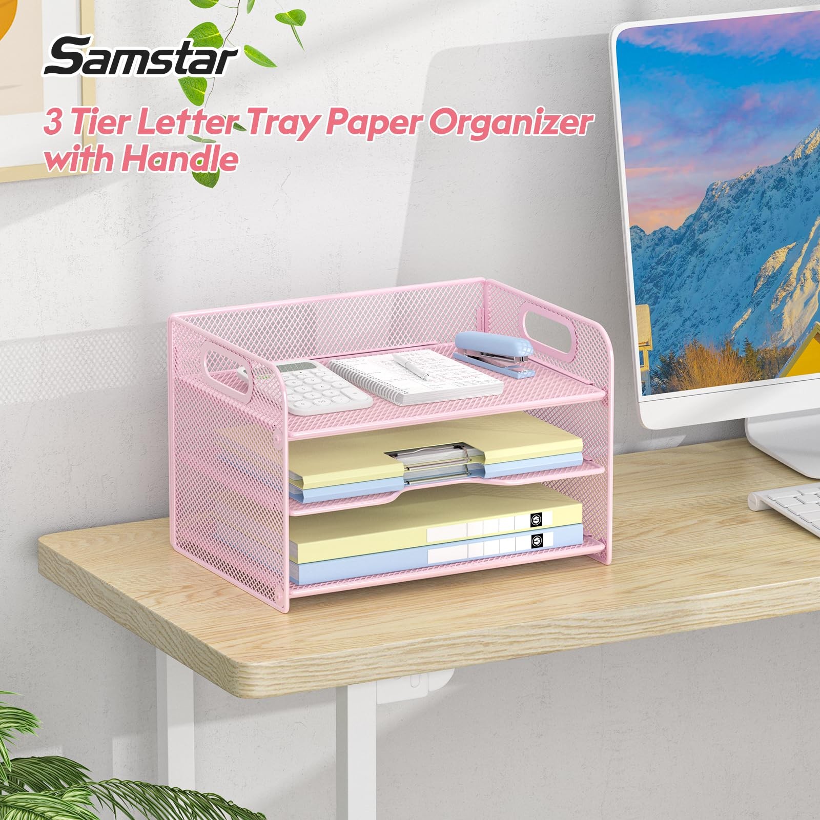 3 Tier Pink Letter Tray Paper Organizer with Handle, Mesh Desk Organizer Pape…