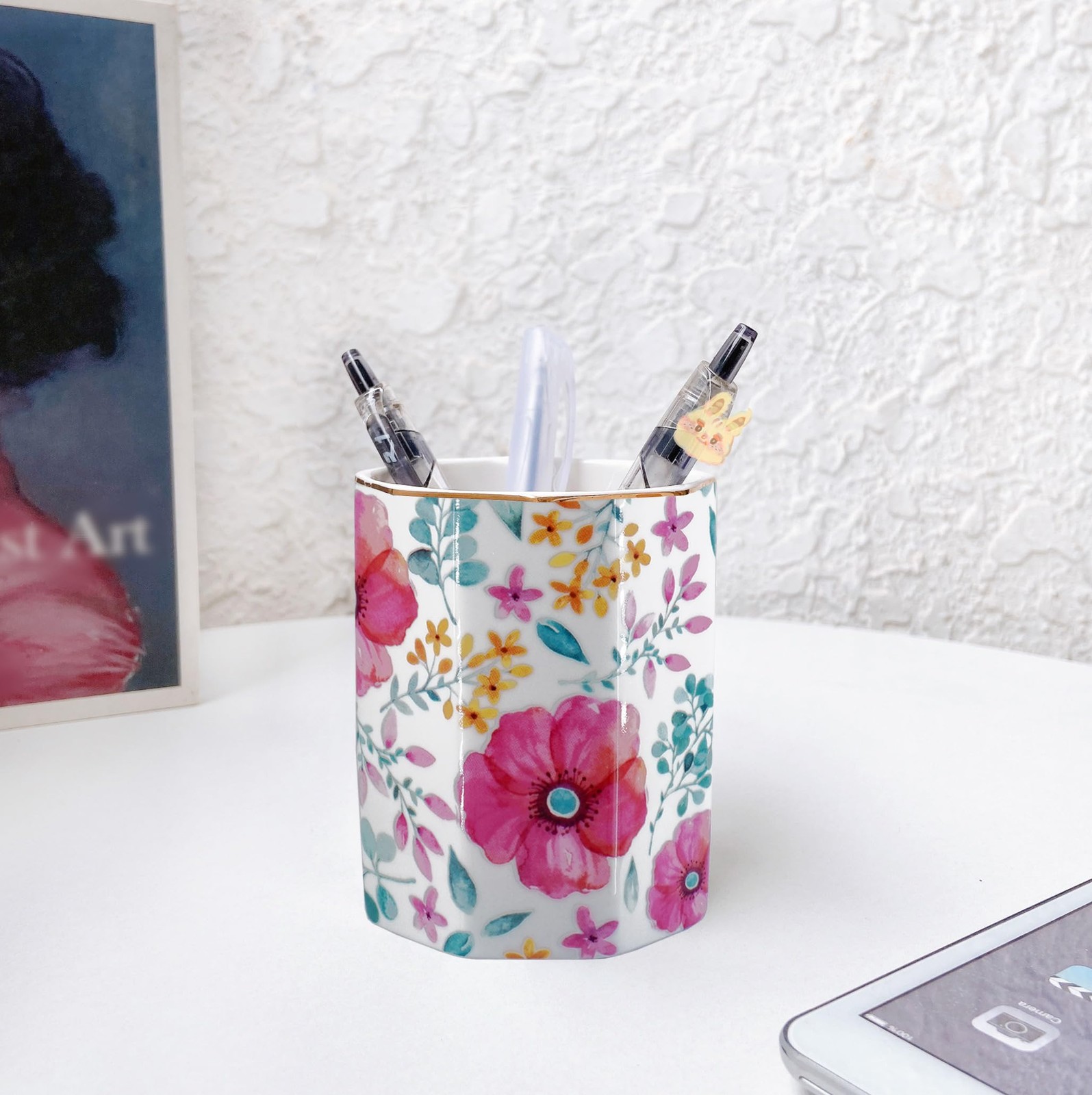 Pen Holder, Makeup Brush Holder Ceramic Shiny Gold Spring Floral Pattern Penc…