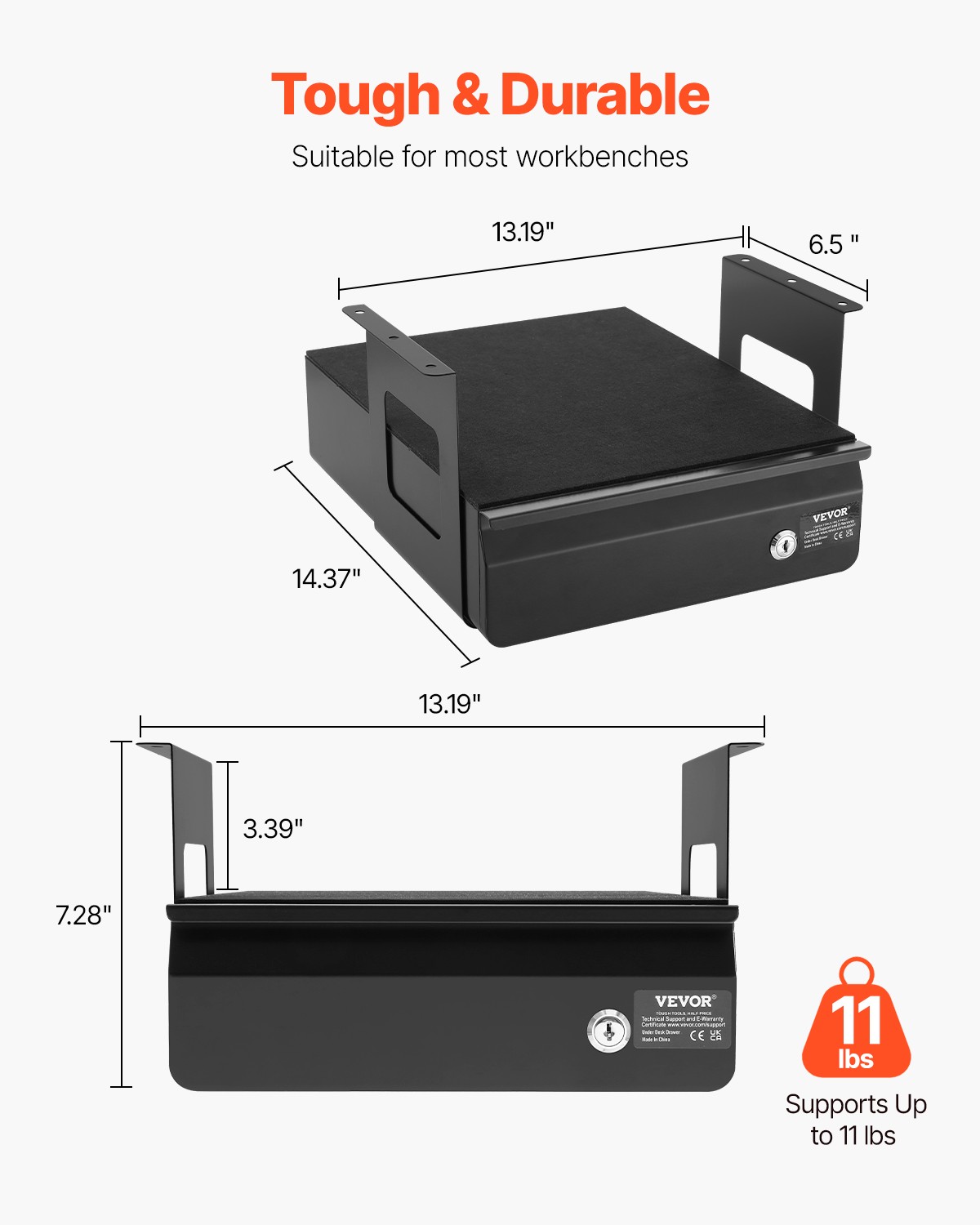 VEVOR 13 in Lockable Under Desk Drawer Organizer Slide-out Drawer for Office