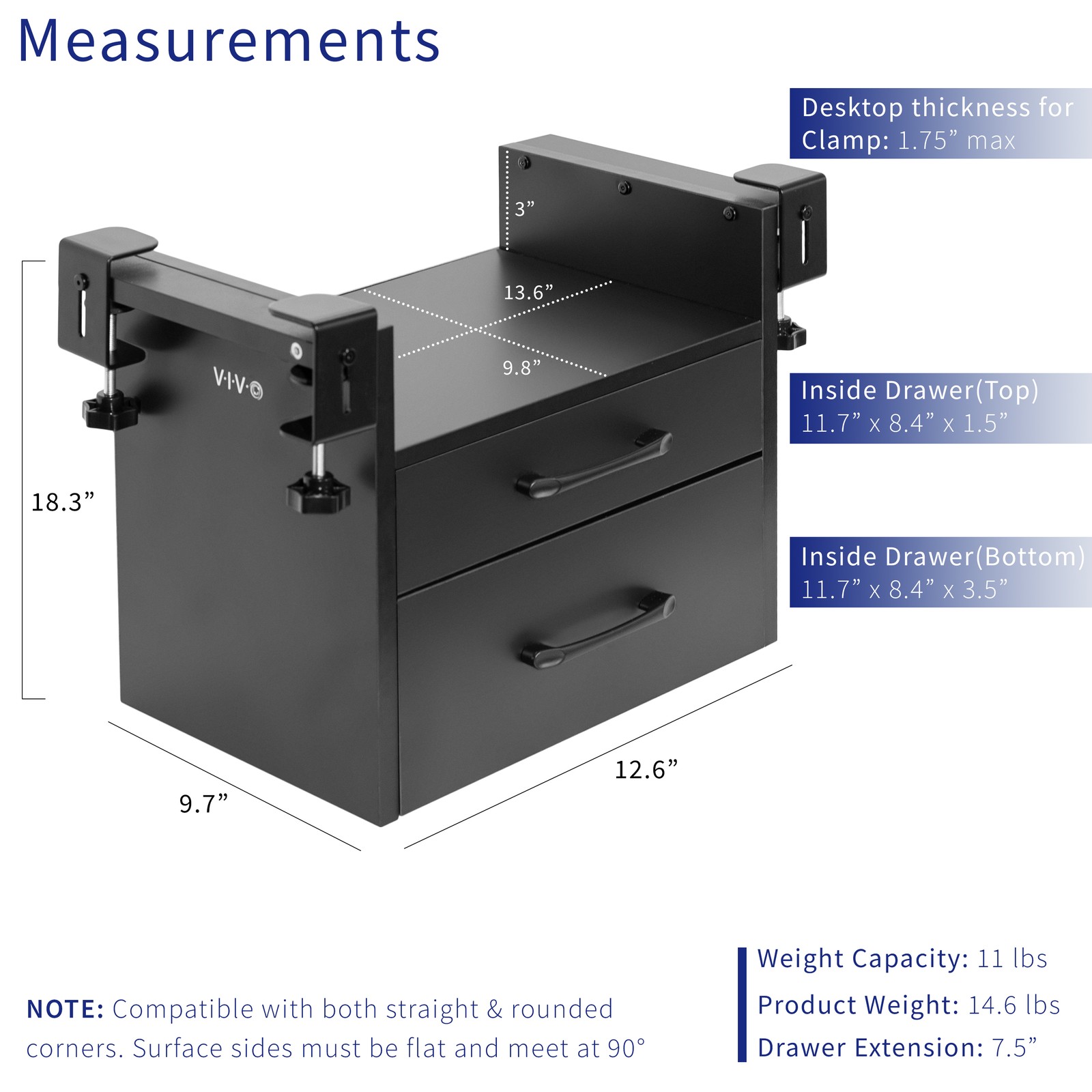 VIVO Black Corner Clamp-on Desk Drawer & Shelf System