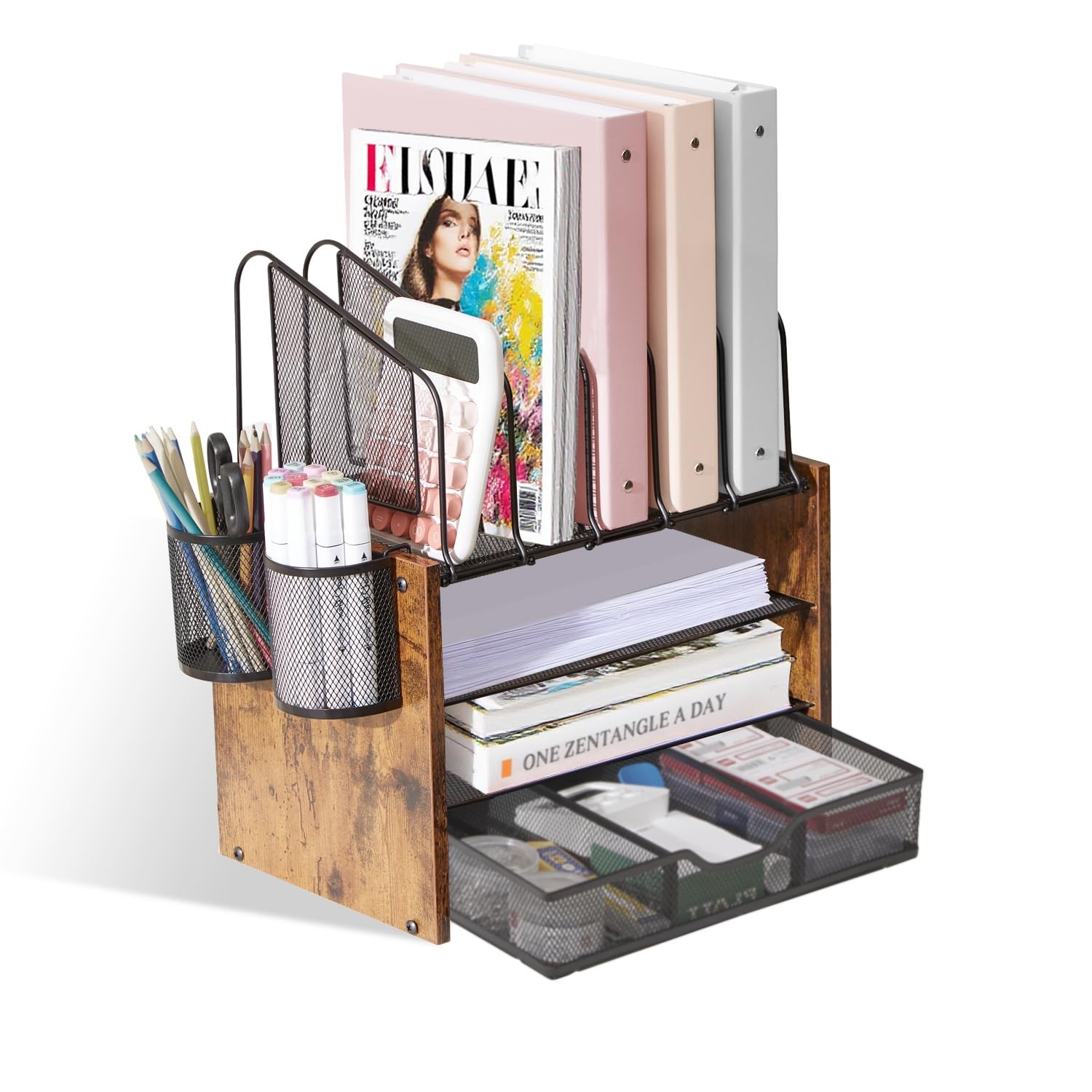 Y YOMA Wooden Desk Organizer, 4-Tier Mesh Organizer with Brown, Black