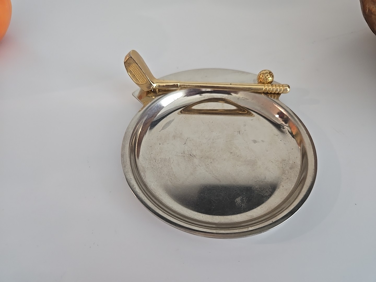 Vintage Desk Set Letter Holder Silver Brass Coin Trinket Dish Golf Bag Club Ball