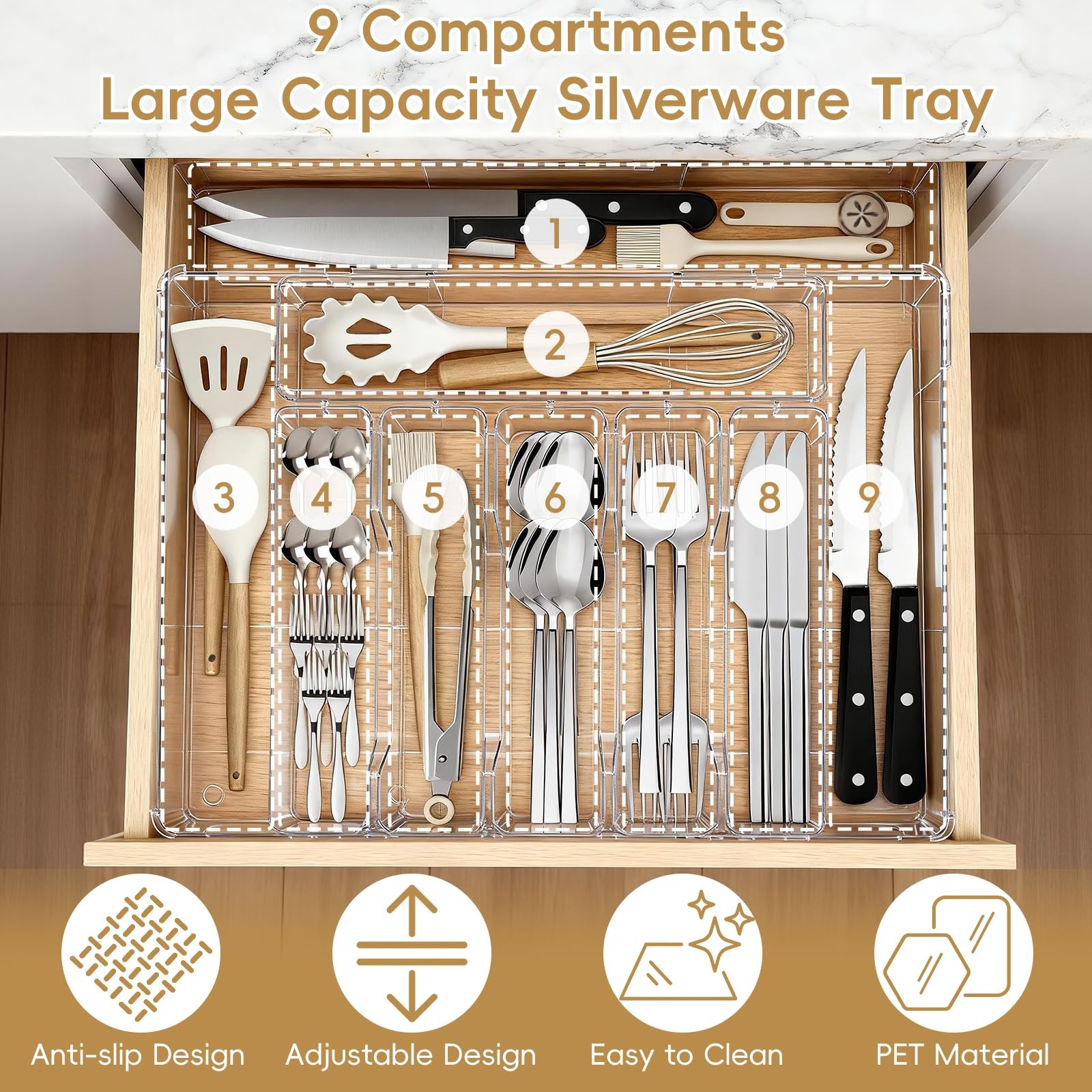 Pesilo Expandable Silverware Organizers for Kitchen Drawer, Clear Transparent