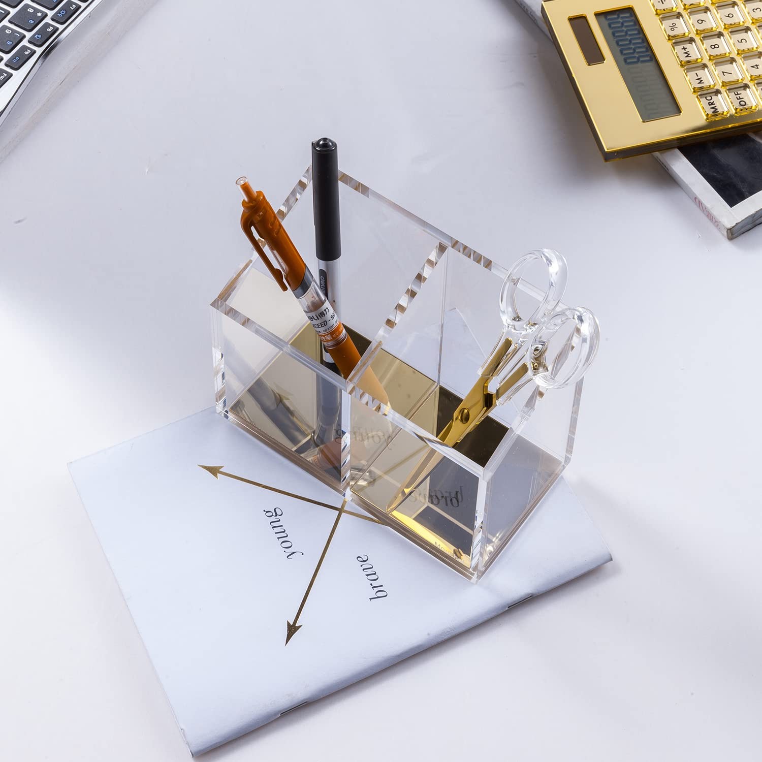 Modern Acrylic Pen Holder with 2 Compartments Gold Base, Multifunctional Penc.