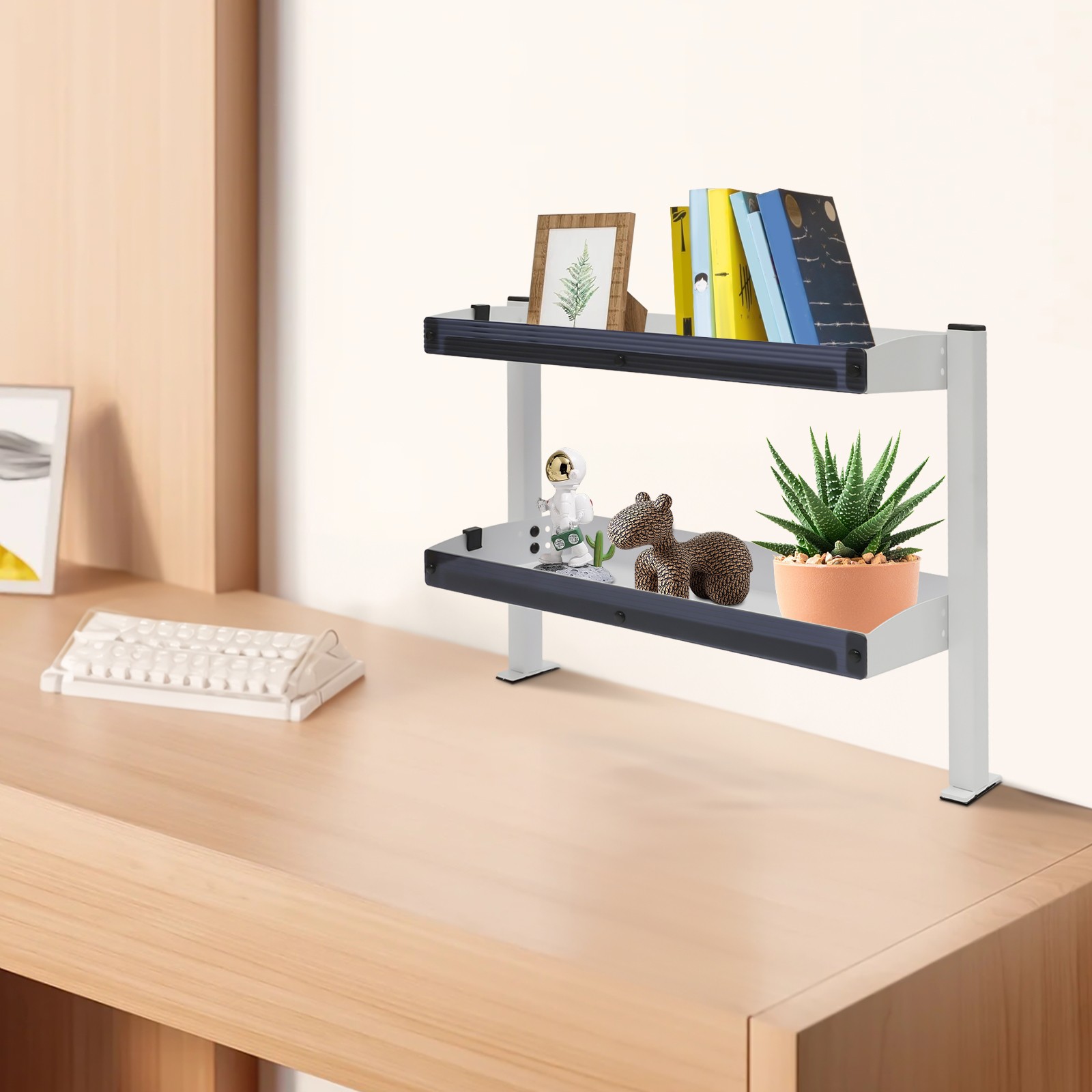 2-Tier Shelving with Adjustable Storage,White Storage Tray,for Living Rooms