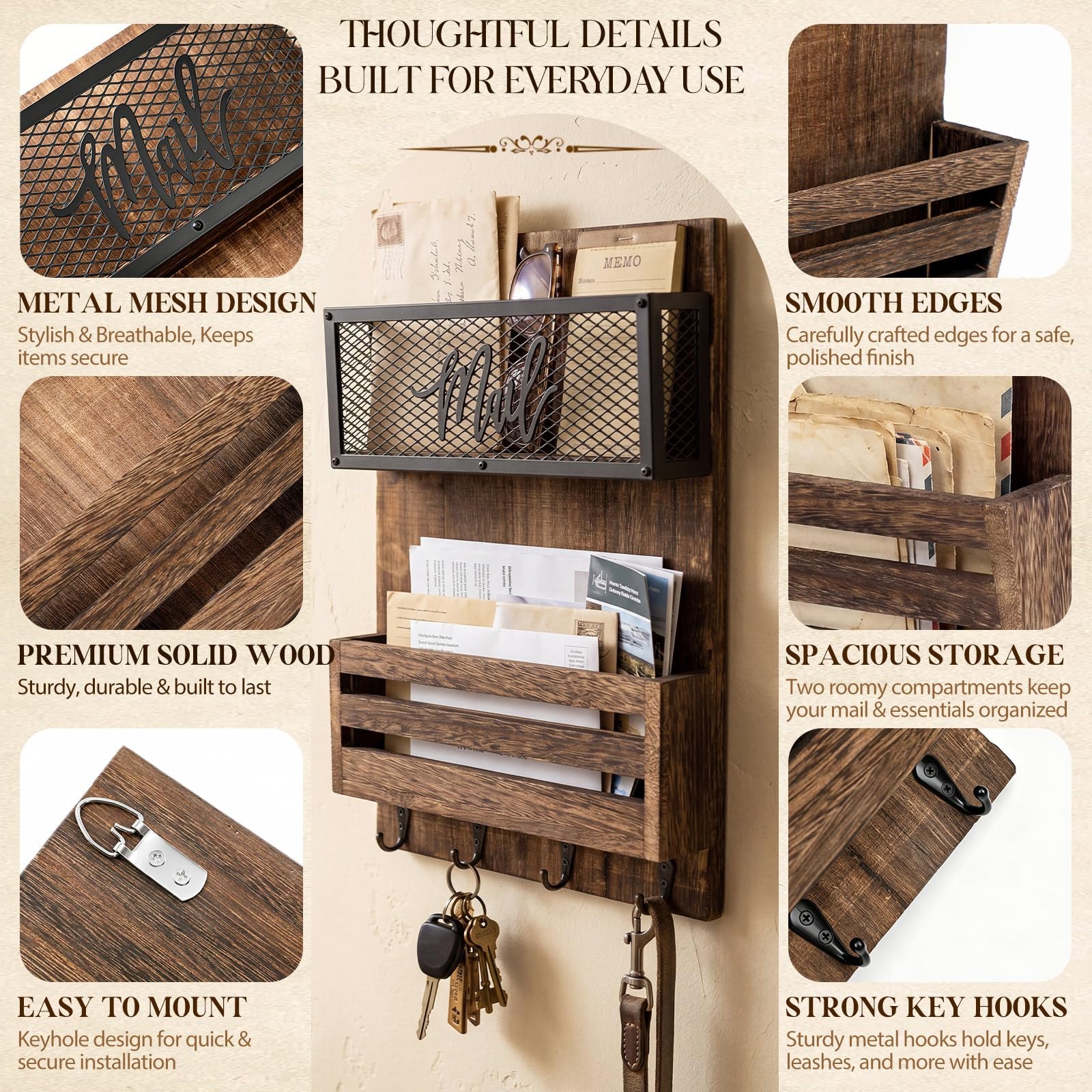Mail Organizer Wall Mount with Key Hooks, 2-Slot Wood Mail and Key Holder, Ru…
