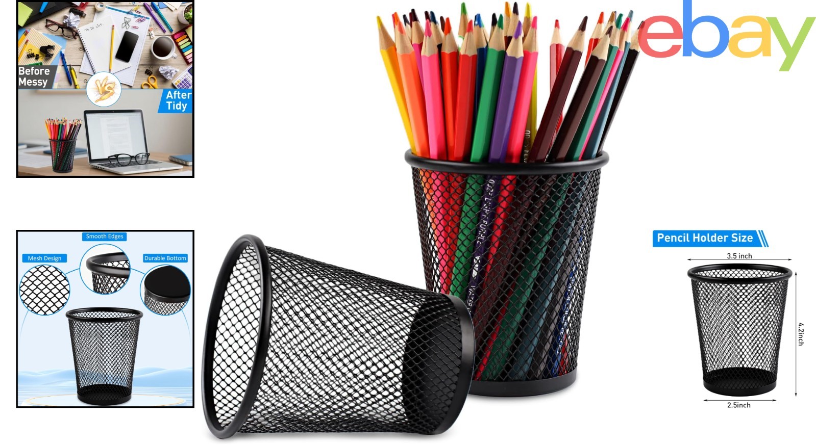 2 Pack Pencil Holders, Black Mesh Metal Organizers for School Supplies