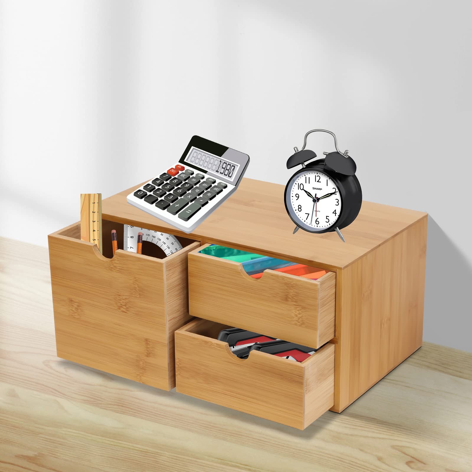 Desk Organizer Drawers Office Desktop Storage Bamboo Box Storage Recess Handle
