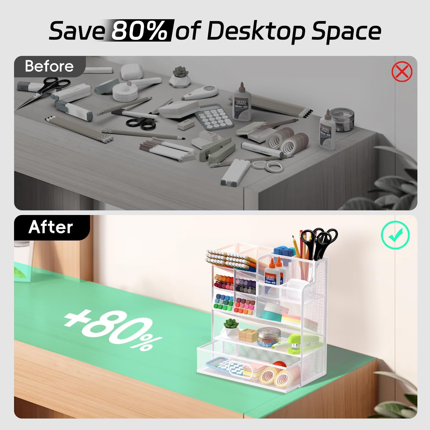 Mesh Pen Organizer for Desk, Multi-Functional Pencil Holder with Drawer Desk Org