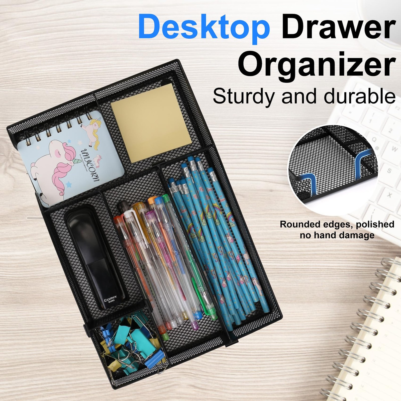 Desk Drawer Organizer Tray with 2 Adjustable Compartments, Metal Mesh Black