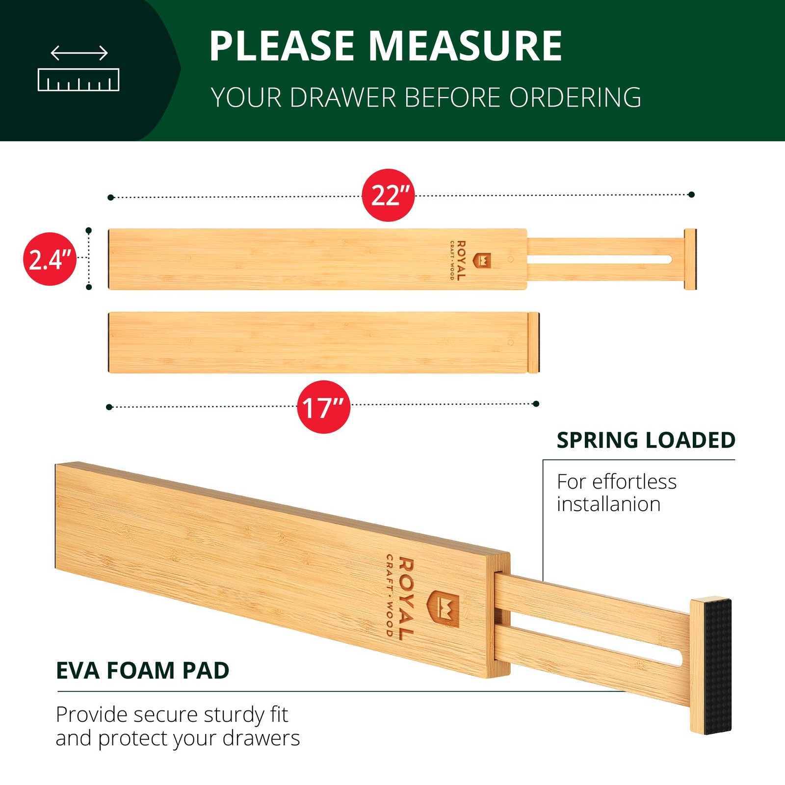 Bamboo Drawer Dividers Organizers, Adjustable Large (up to 22″), Natural
