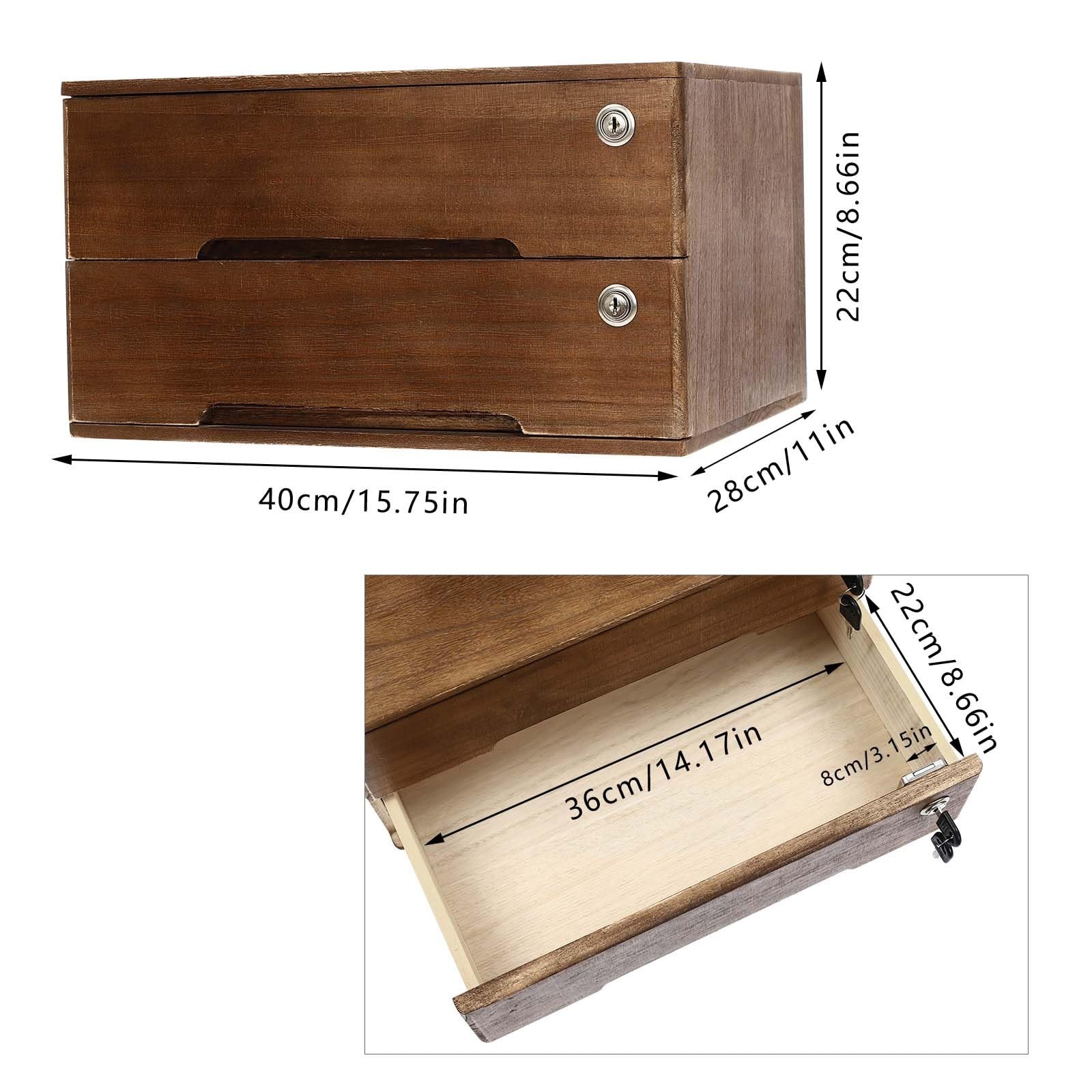 ZERNEIL 2-Tier Wooden Desktop Storage Box with Lockable Drawers, Flat Walnut