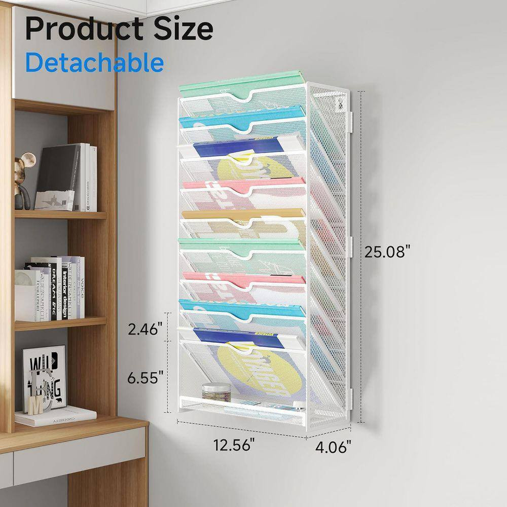 10-Tier Metal Wall Mount Hanging File Organizer, Vertical Document Organizer Whi
