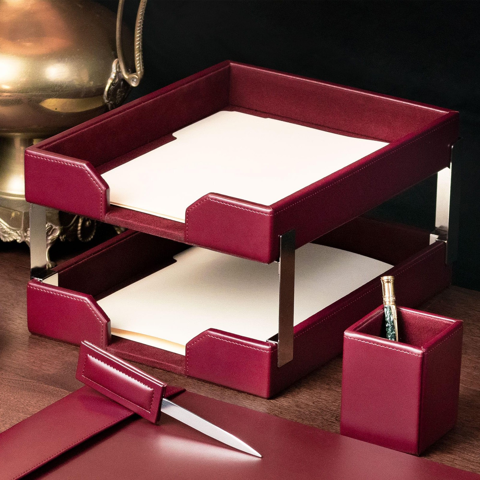 Burgundy Bonded Leather Front-Load Double Letter Tray Set w/Silver Stacking P…