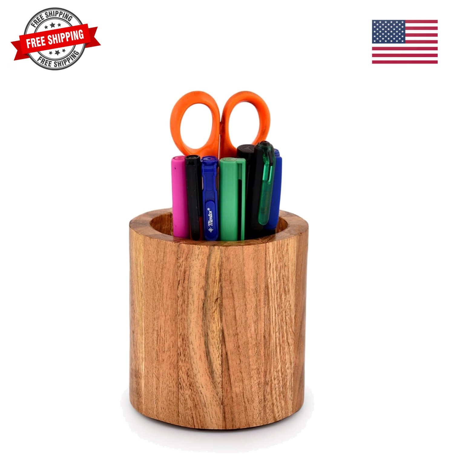 Acacia Wood Pencil/Pen Holder for desk, Round Desktop Organizer for Desk Mult…