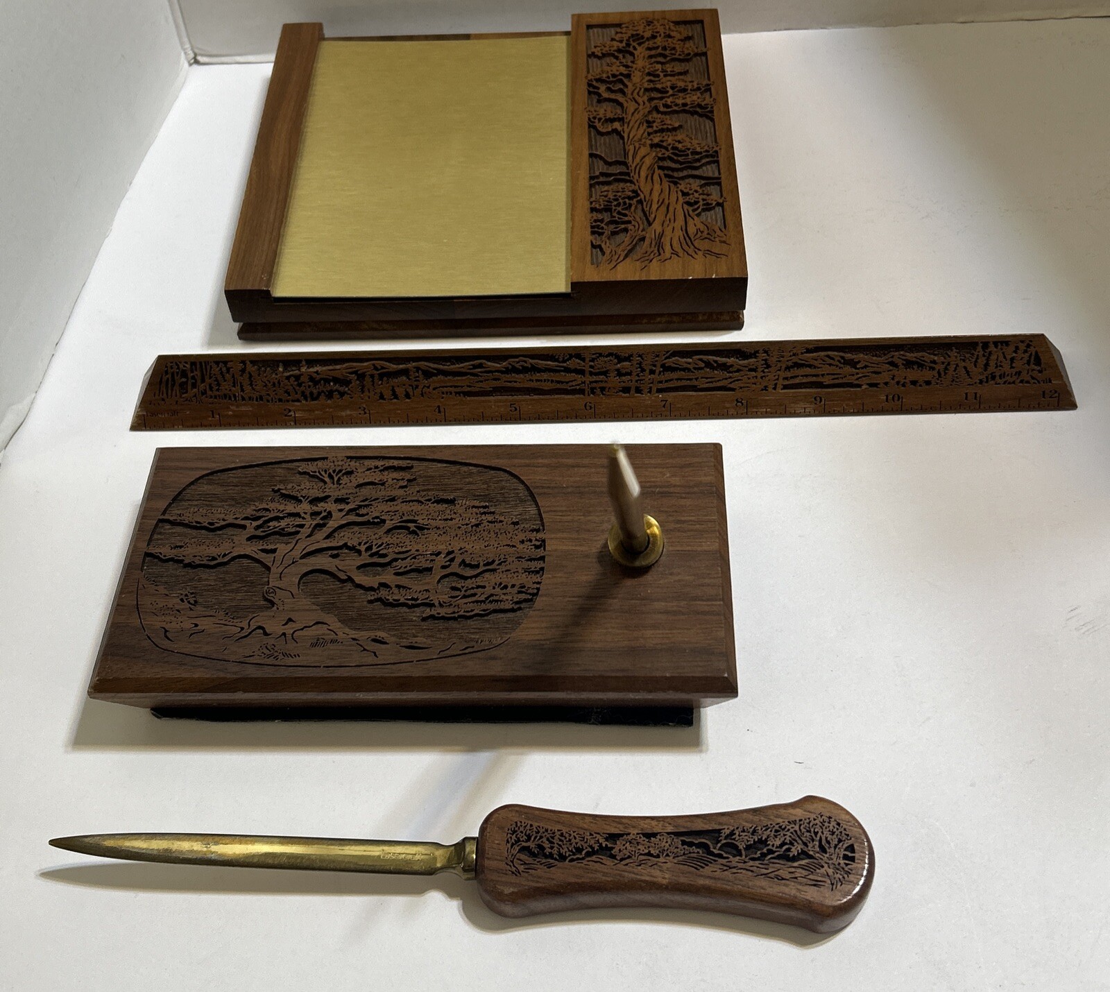 Walnut Executive Desktop Organizer Four Piece Set Outdoor Trees Carved(BZ4)