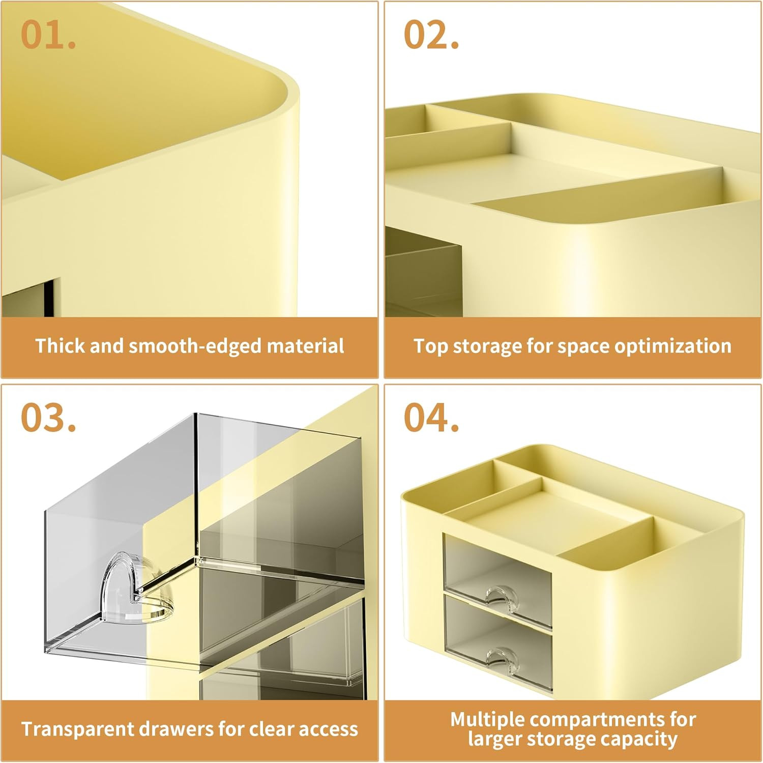 Desk Pen Organizer with 2 Drawers 5 Compartments for Office Supplies Yellow