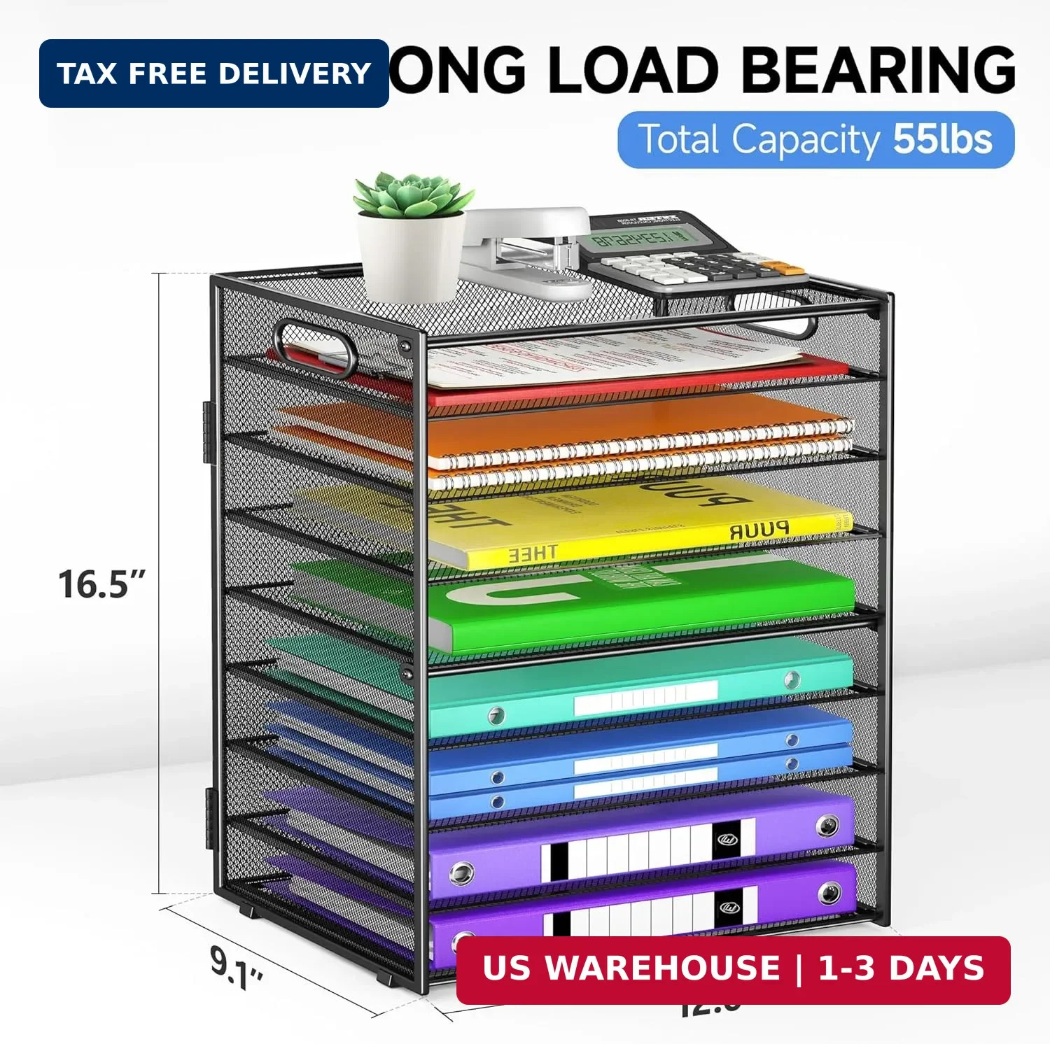Cawukege 9 Tier Paper Organizer with Handle, Black Large Capacity Desk Organizer