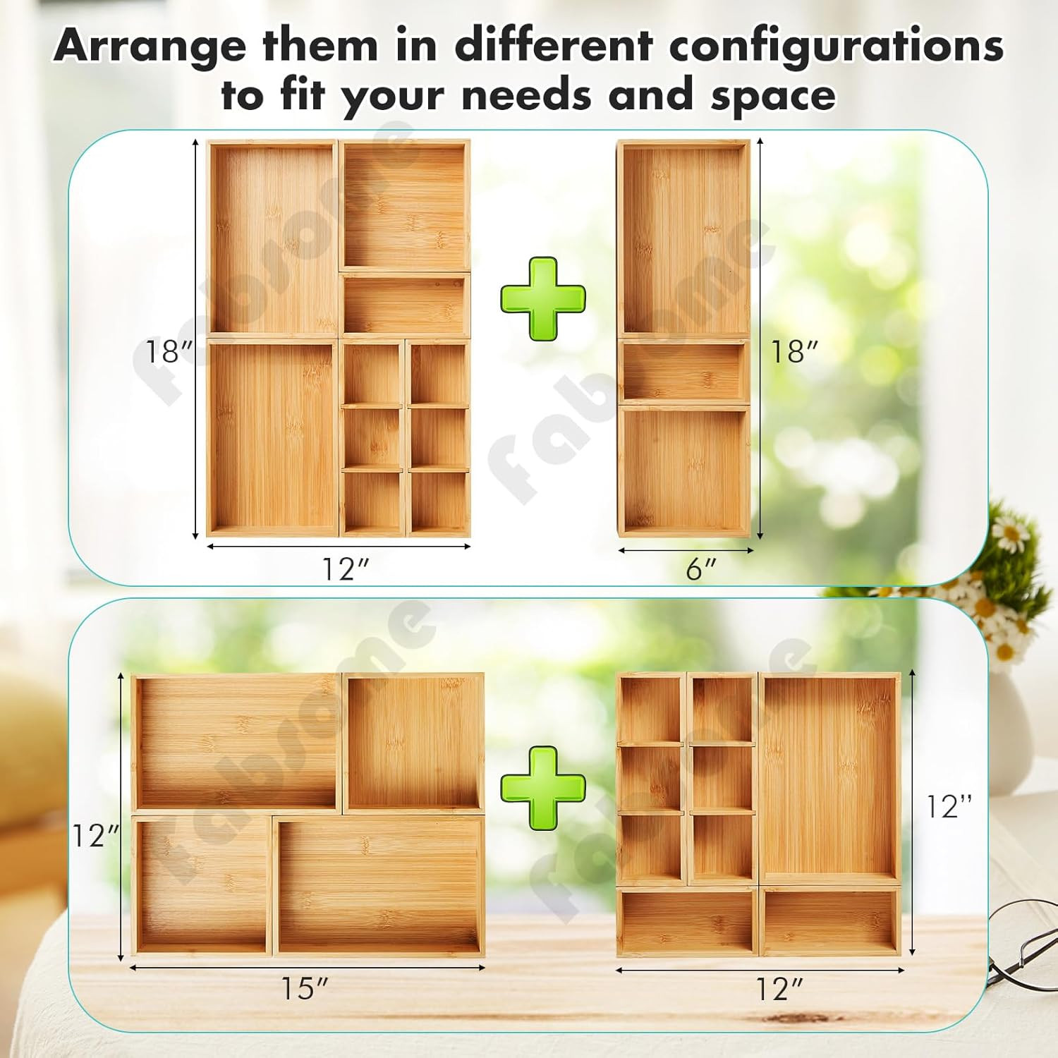 9 Pack Bamboo Drawer Organizer Set Kitchen Desk Bathroom Storage Containers
