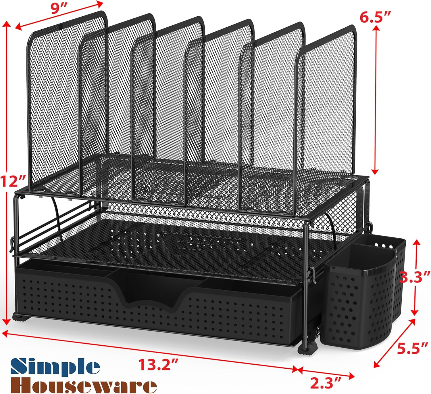 Mesh Desk Organizer with Sliding Drawer, Double Tray and 5 Upright Sections, Bla