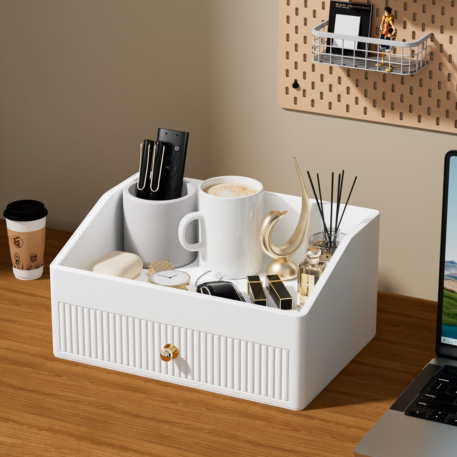 LADSTAG Office Desk Accessories,Beige White Vegan Leather 2 layers,